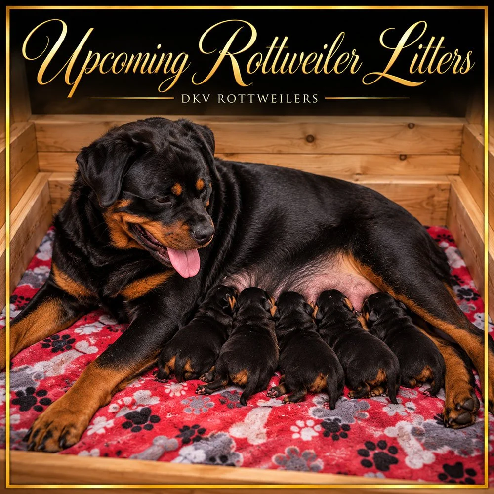 Rottweilers For Sale – Upcoming Rottweiler Litters For Sale – DKV Rottweiler female nursing newborn Rottweiler puppies.