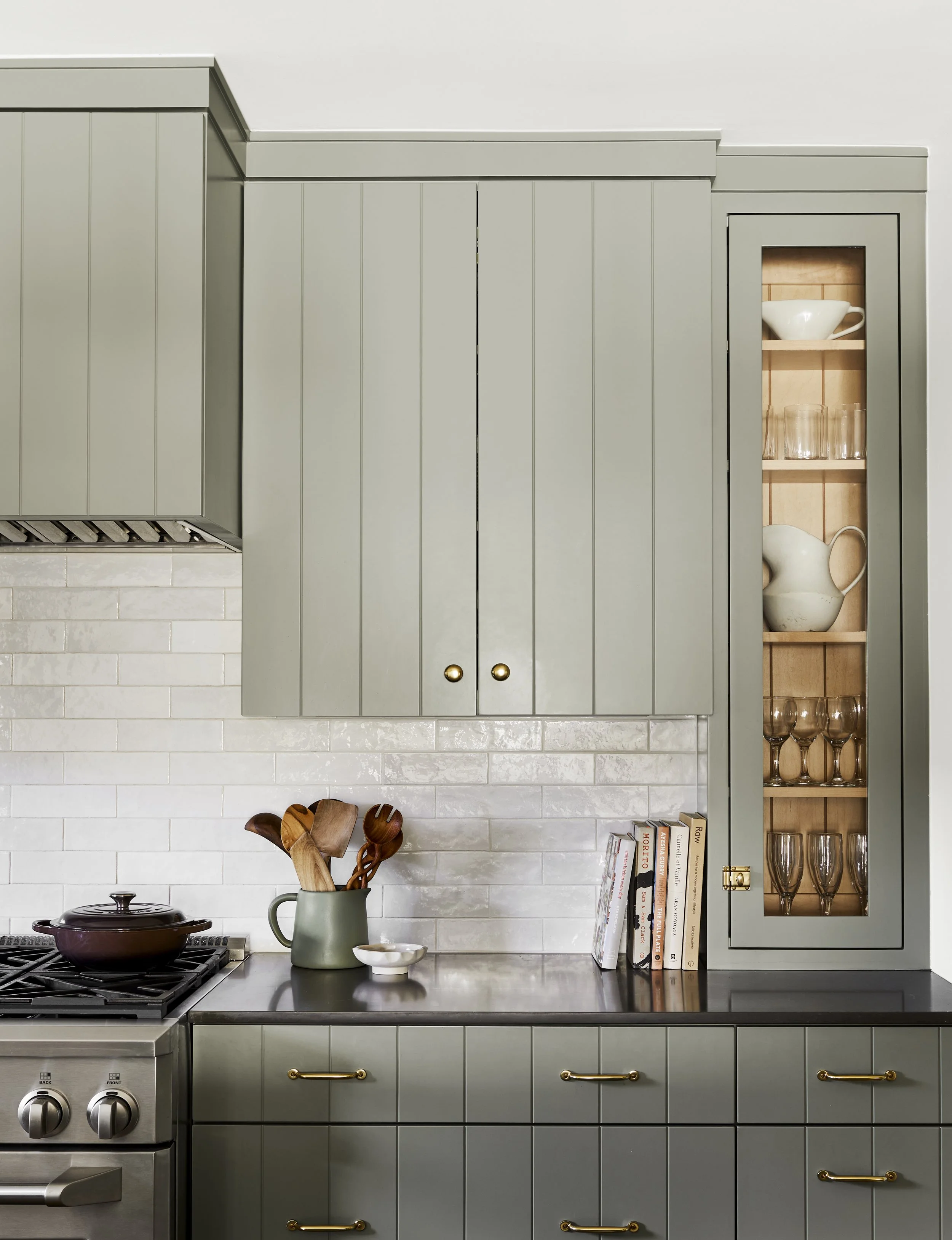 green kitchen, glass front cabinet