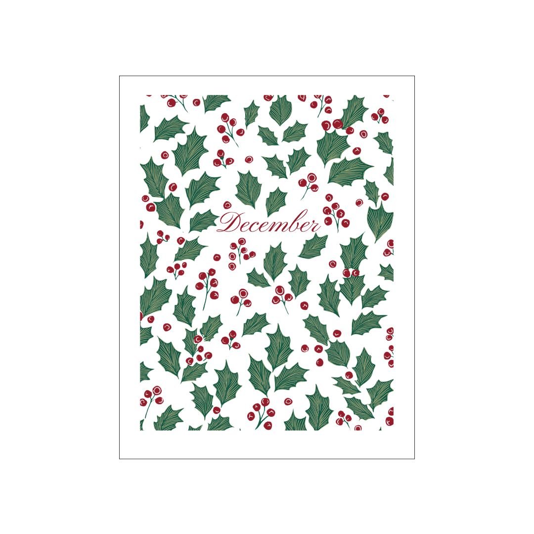 Free December Front Page Bullet Journal Printable in PDF format with a pattern of holly leaves and the word "December" in red