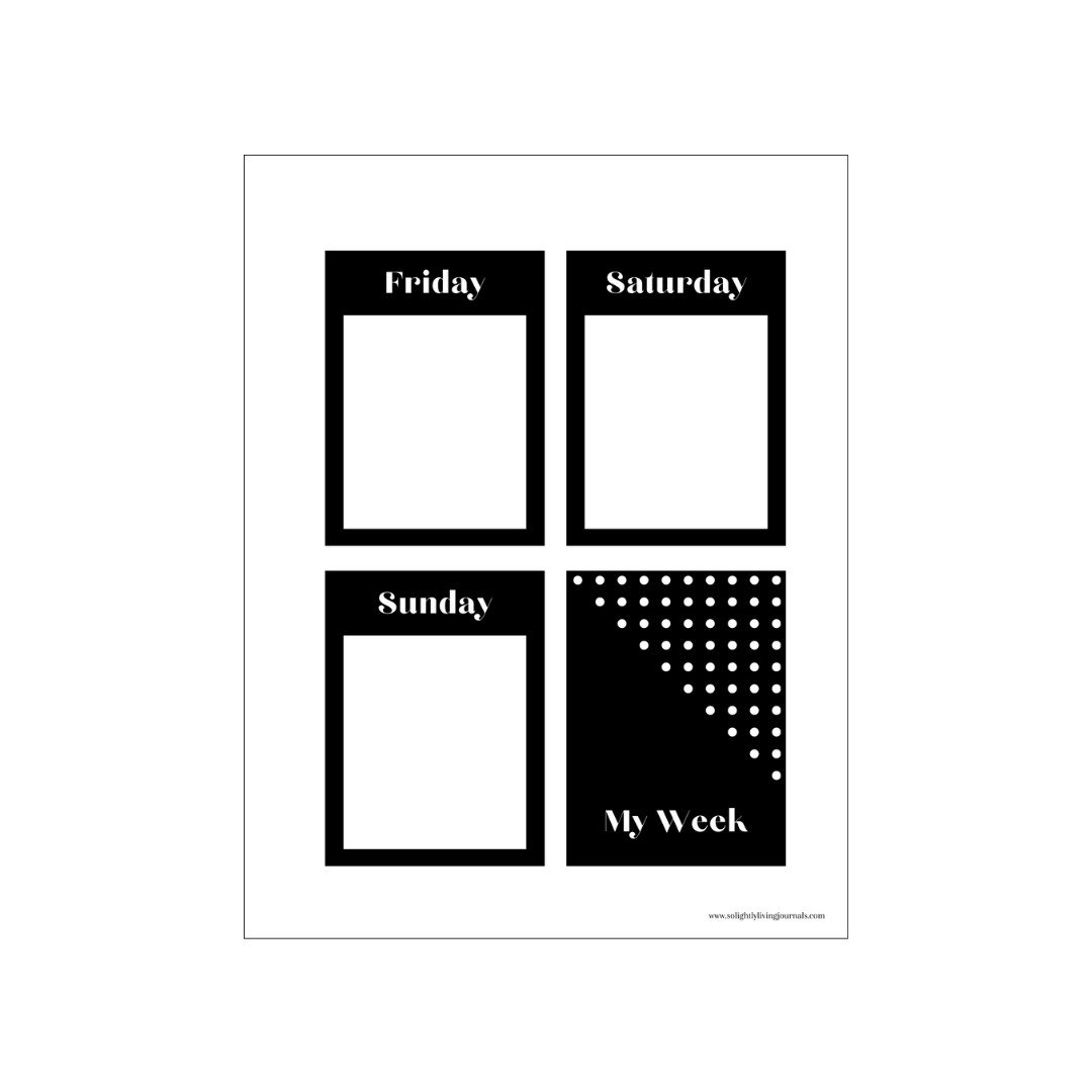 Image of pdf with free printable days of the week journal cards, 4 3" x 4" black rectangles with white squares with white text inside (Friday, Saturday, Sunday, and "My Week"