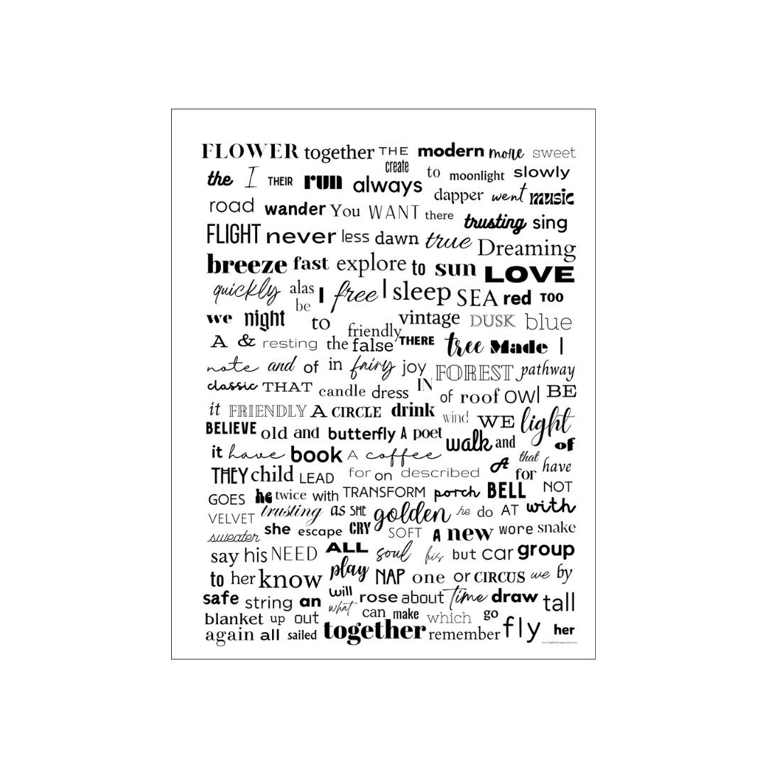 image black and white pdf, free printable words for junk journals, hundreds of words in a variety of fonts on an 8.5 x 11" pdf page.