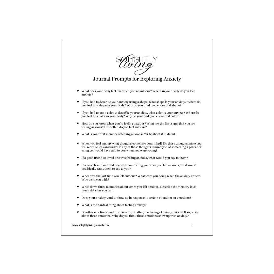 Page 1 of pdf with printable journal prompts for journal jar; logo, title text, bullet pointed list of journal prompts for anxiety, bullets are in shape of hearts
