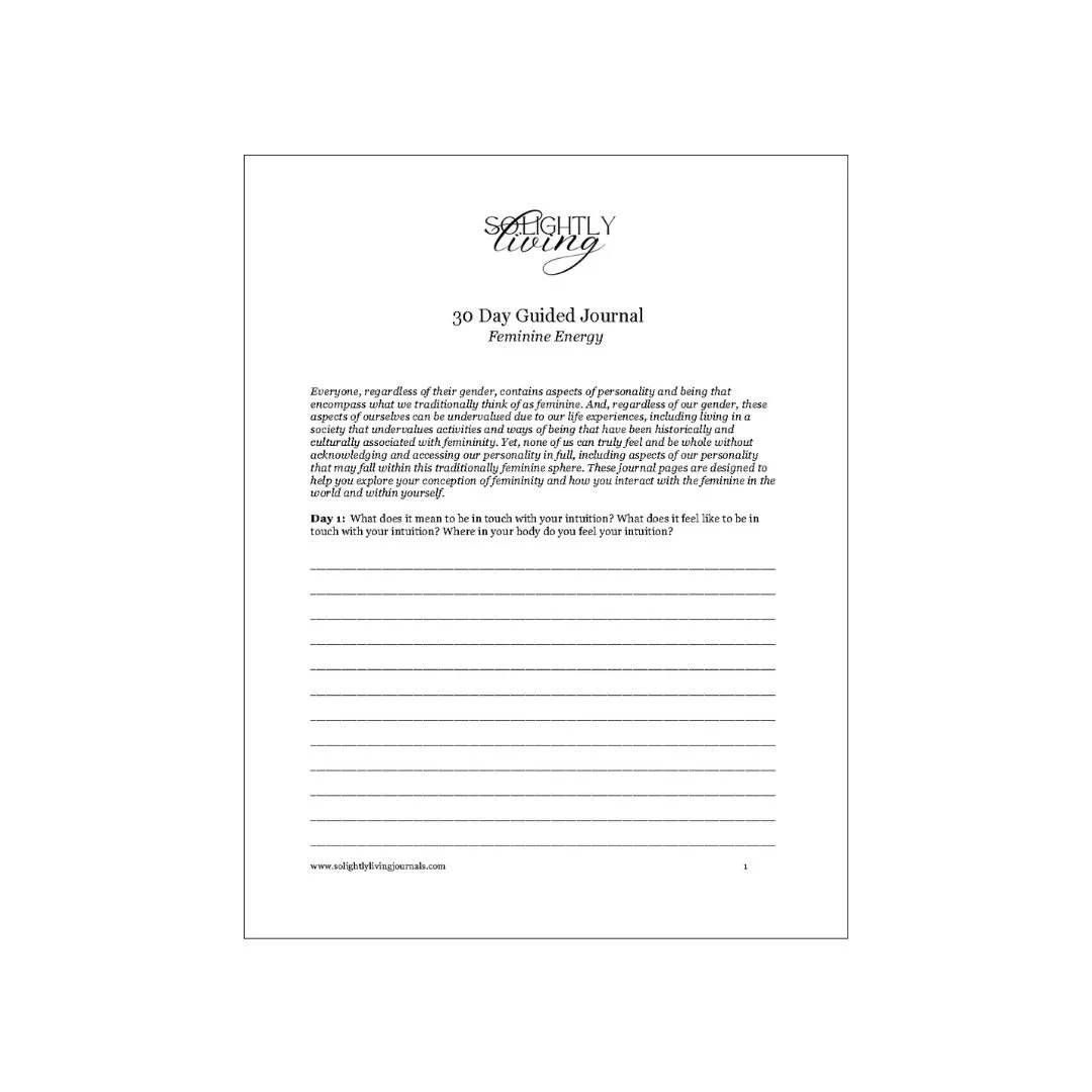 Image of black and white pdf with guided journal pages containing prompts for feminine energy, top image logo, journal prompt followed by blank lines