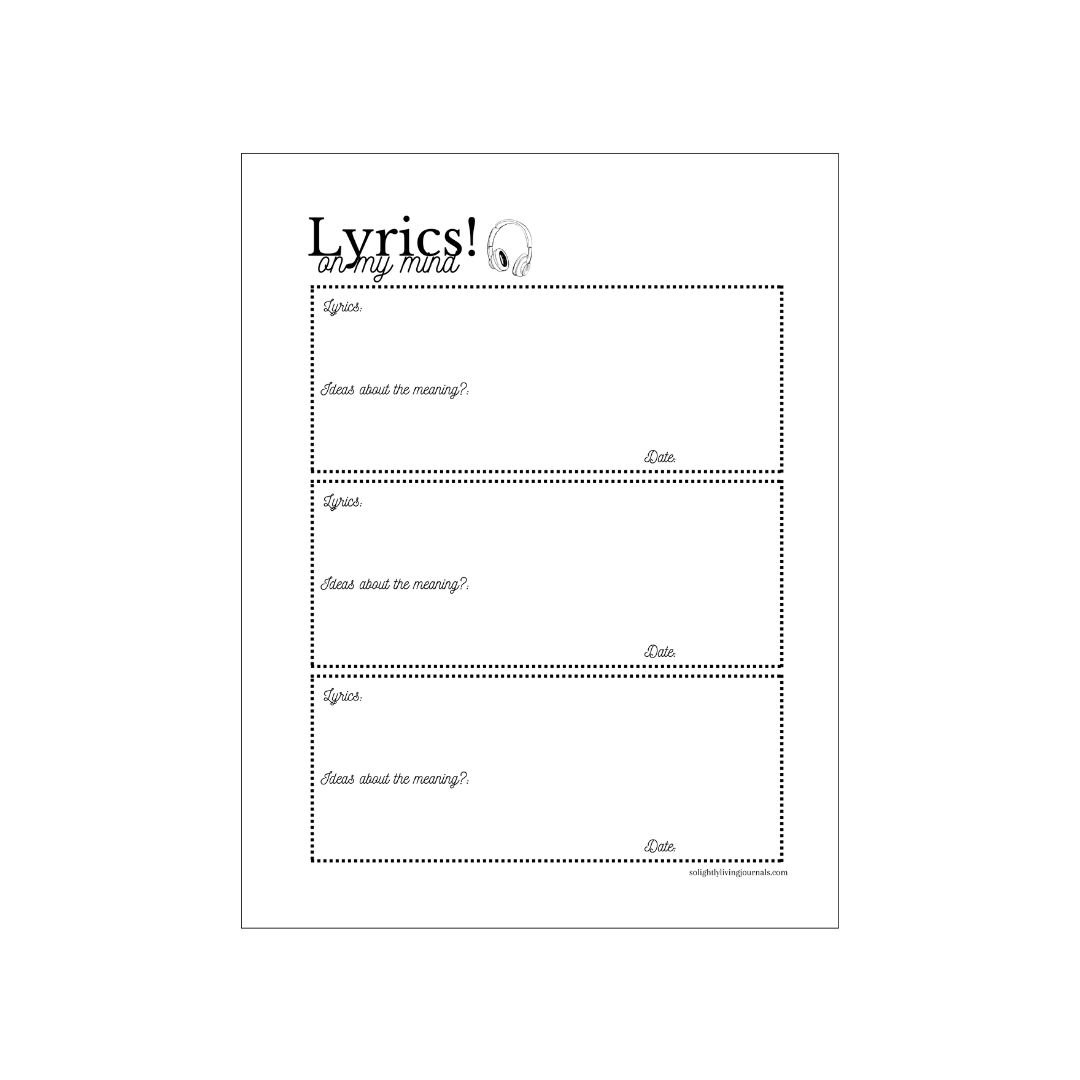 Image of PDF with free printable journal for songs stuck in your head, small pink graphic of headphones, three rectangles for journaling