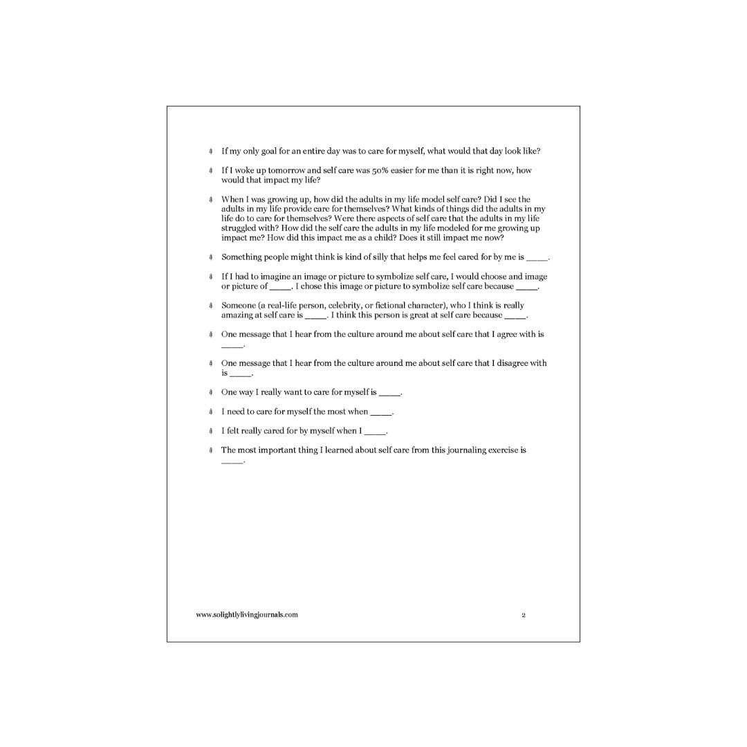 Free printable journal prompts for self care PDF with bullet pointed list of self care journal prompts