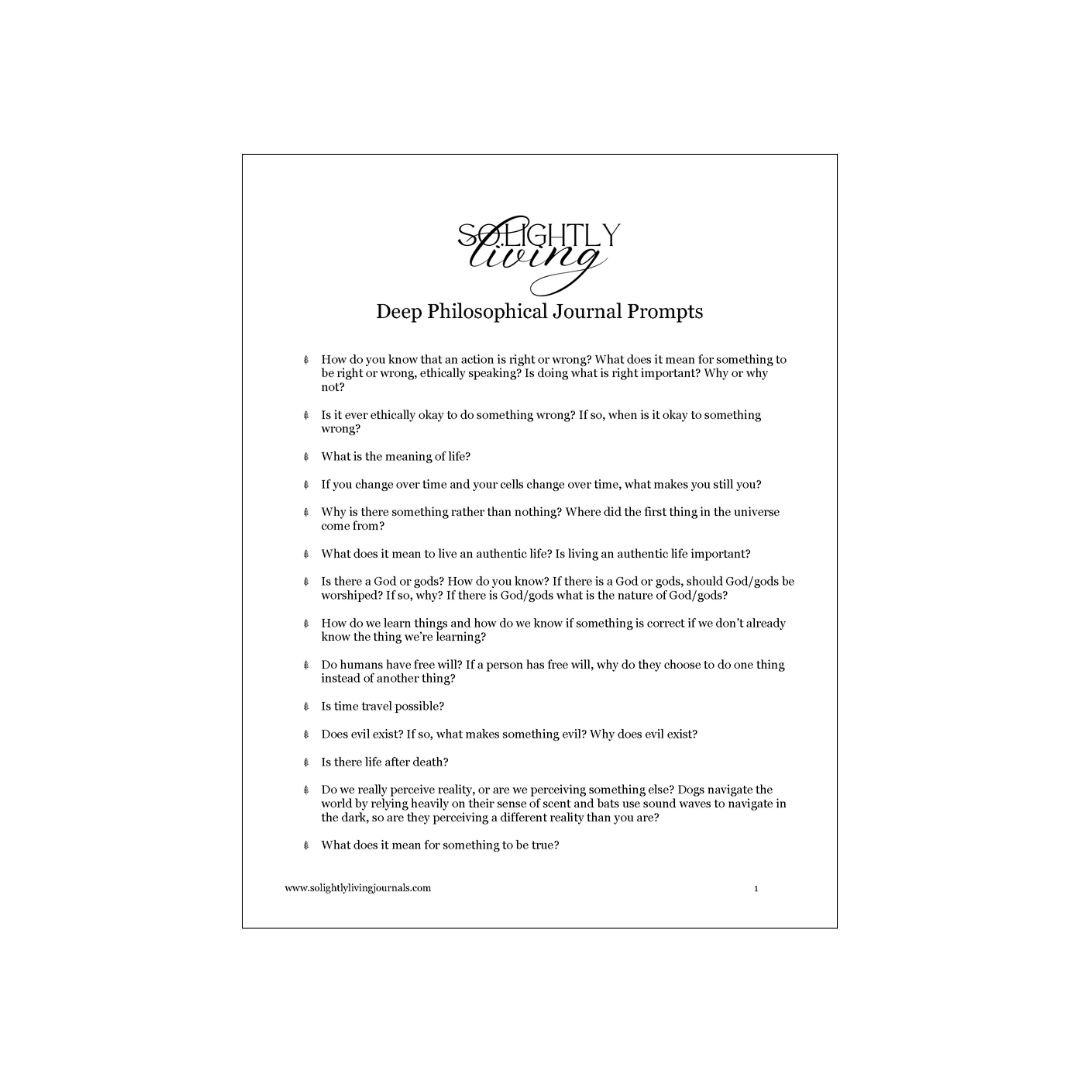 Free printable philosophical journal prompts PDF with a list of philosophical writing prompts.