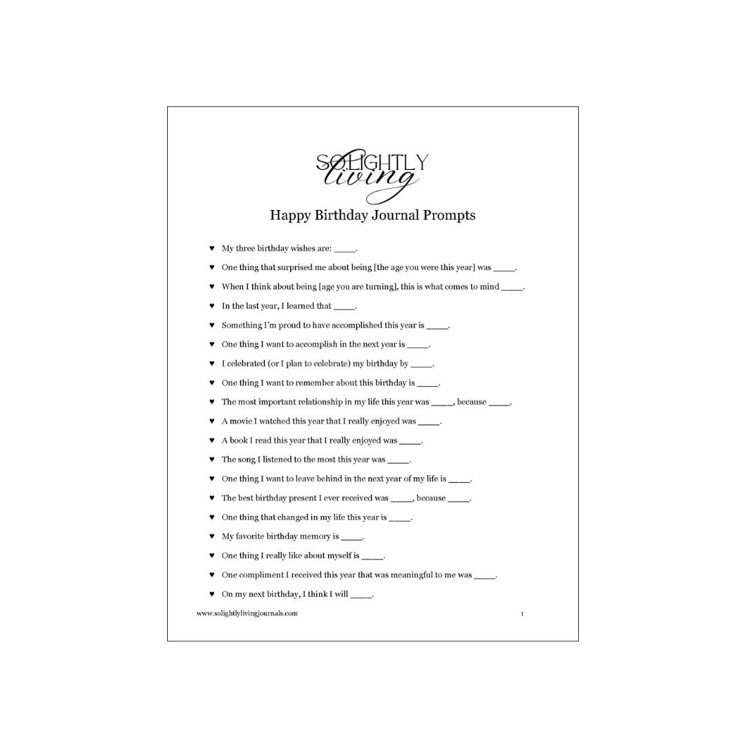 Free birthday journal prompts printable PDF with list of birthday journal prompts.