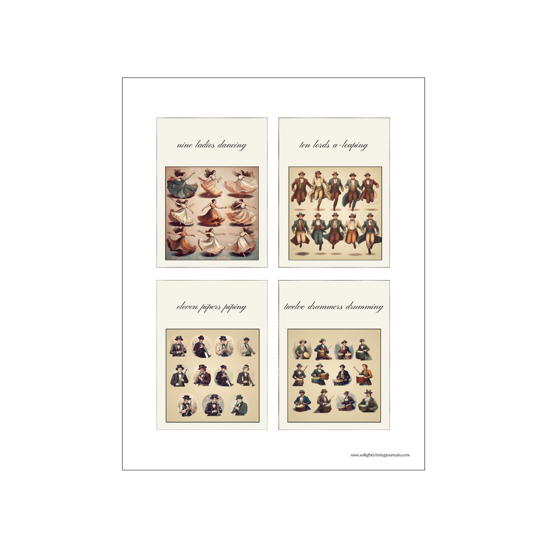 Free printable 12 days of Christmas journal cards. PDF with four journal cards, nine ladies dancing, ten lords a-leaping, eleven pipers piping, and twelve drummers drumming.