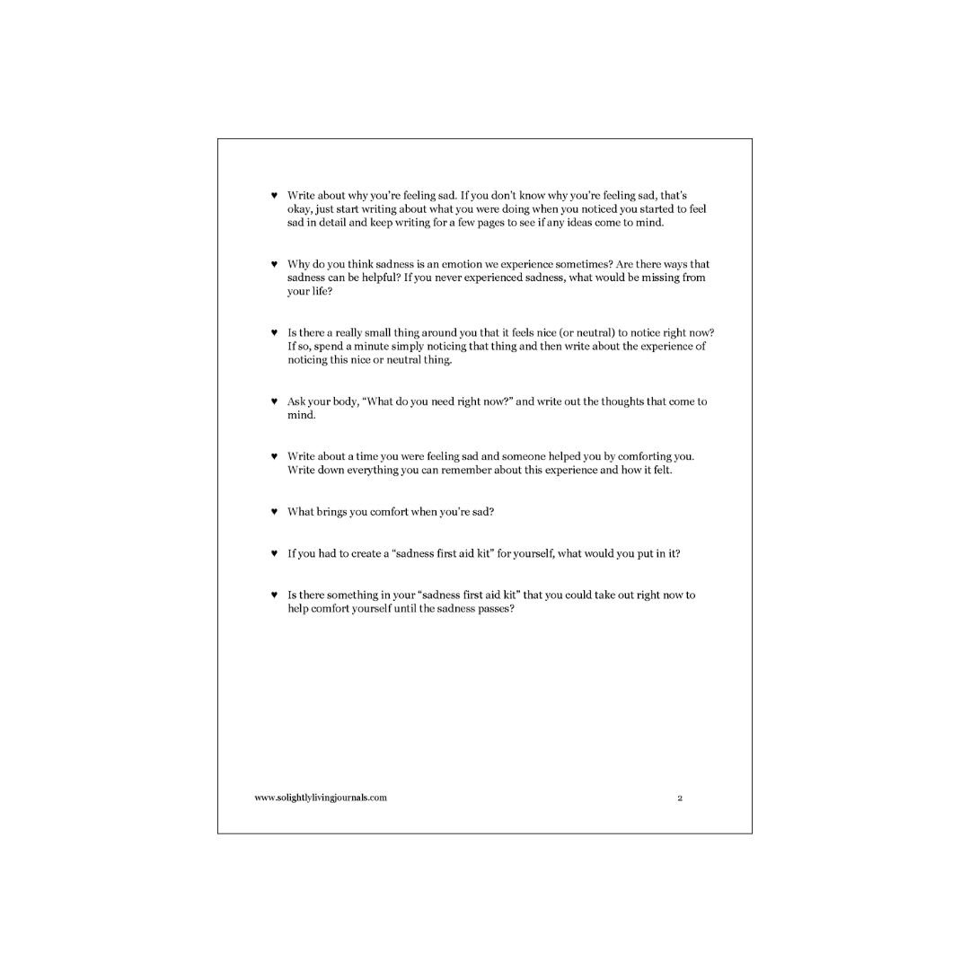 Free printable journal prompts for sadness in PDF format with bullet pointed list of journal prompts.
