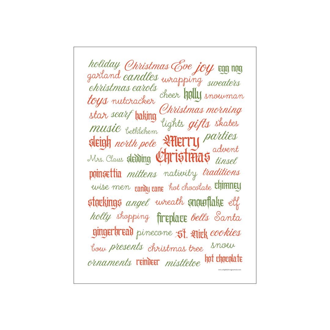 Free printable Christmas words for junk journals with red and green Christmas words.
