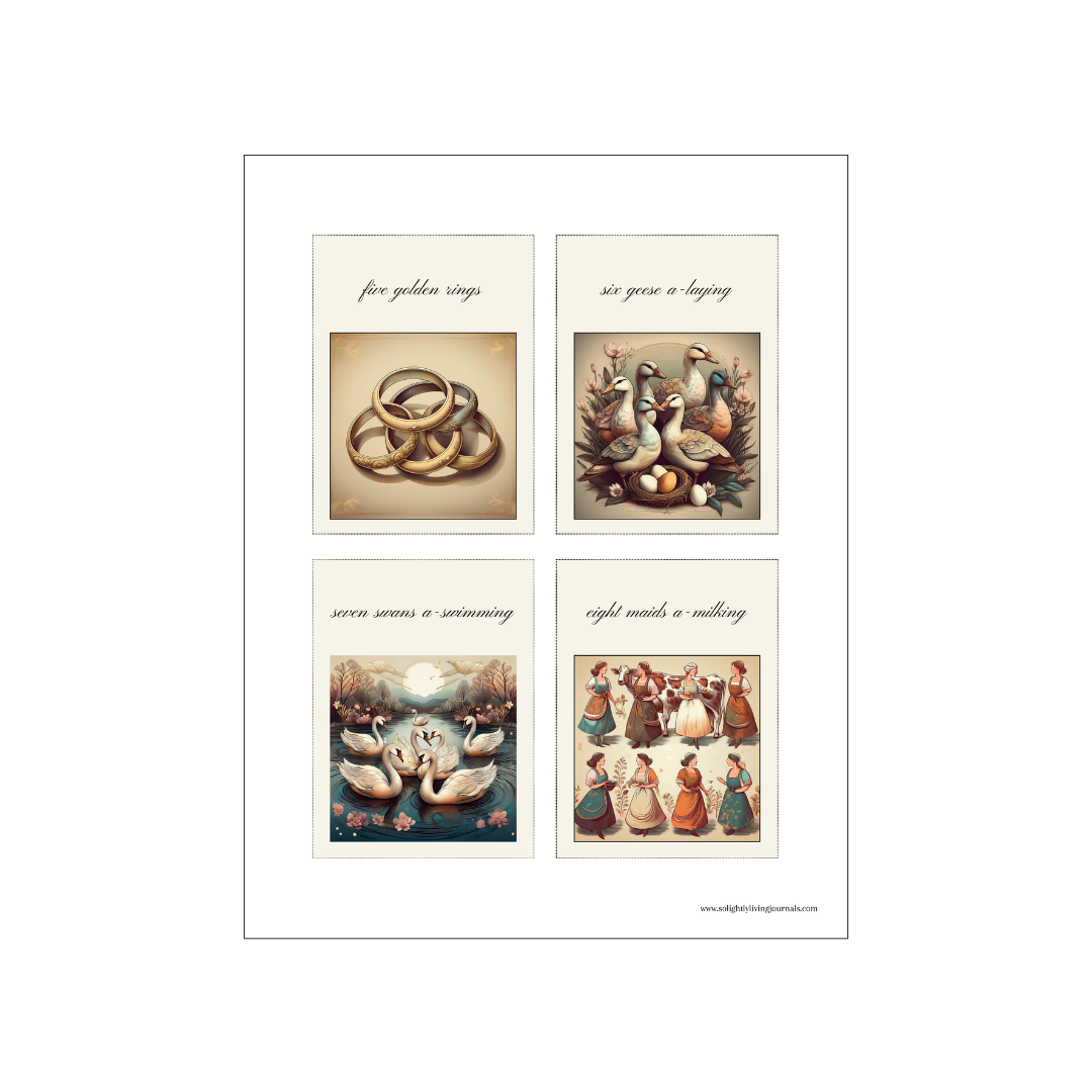 Free printable 12 days of Christmas journal cards. PDF with four journal cards, five golden rings, six geese a-laying, seven swans a-swimming, and eight maids a-milking.