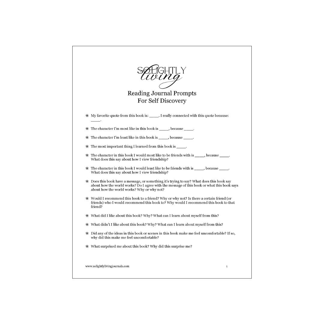 Free printable reading journal prompts in PDF format. Logo at top bullet pointed list of reading journal prompts.