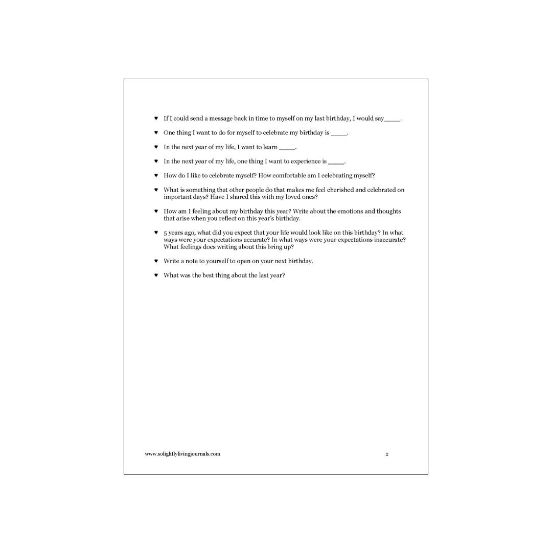 Free birthday journal prompts printable PDF with list of birthday journal prompts.
