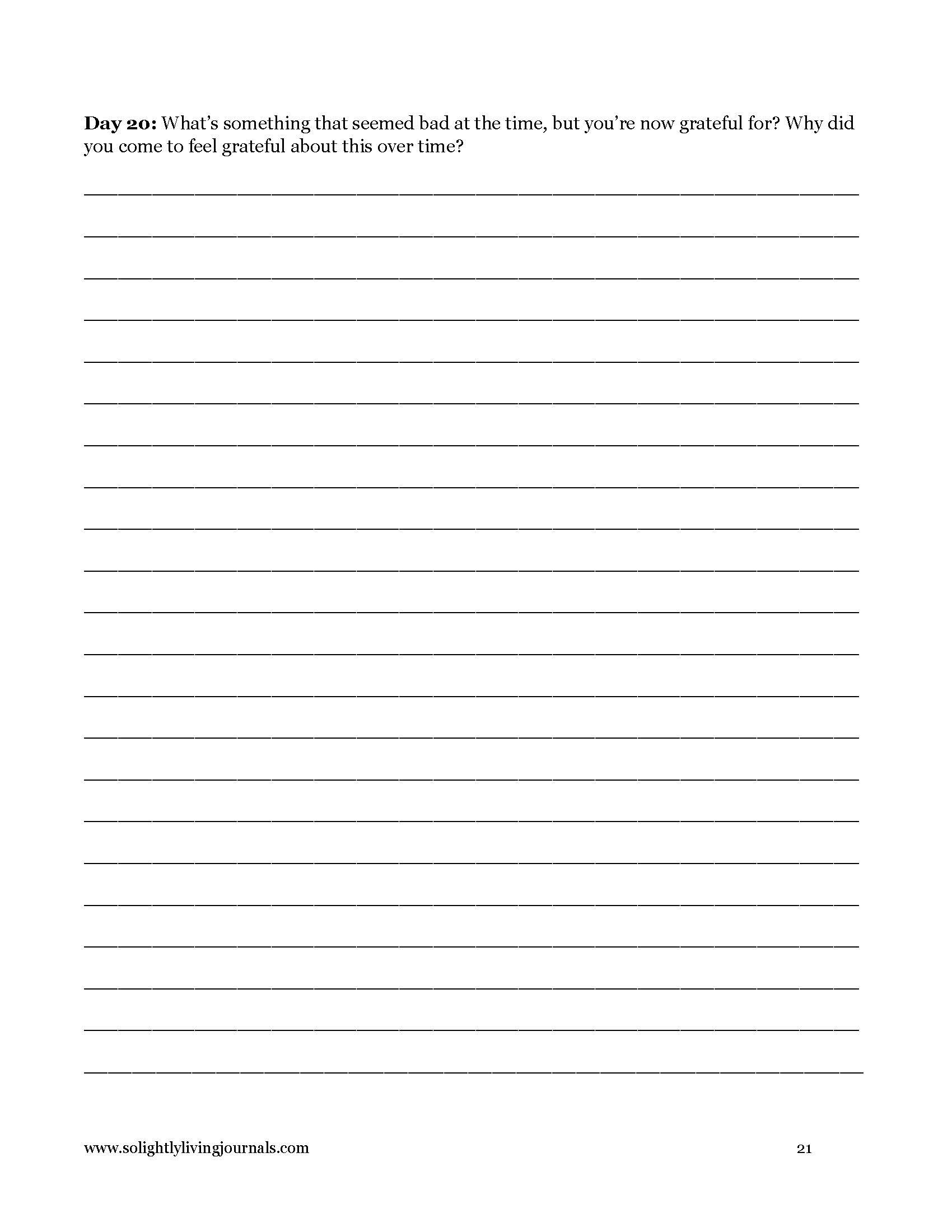 Free Gratitude Journal Prompts PDF printable with gratitude journal prompts and lines for journaling.
