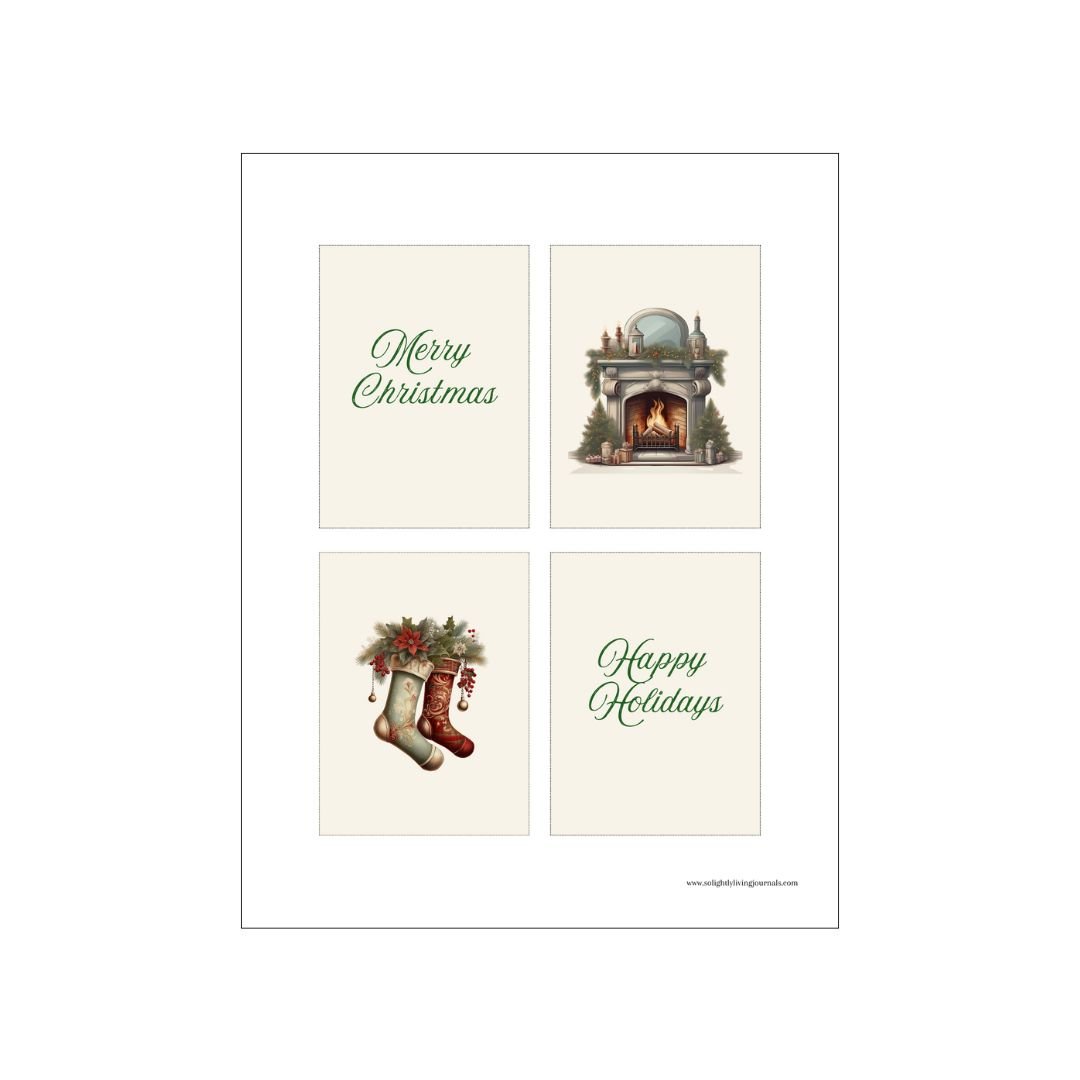 Four free 3x4 journal cards with vintage Christmas designs. Two cards with holiday greetings, a card with Christmas stockings, and a card with a Victorian fireplace decorated for Christmas.