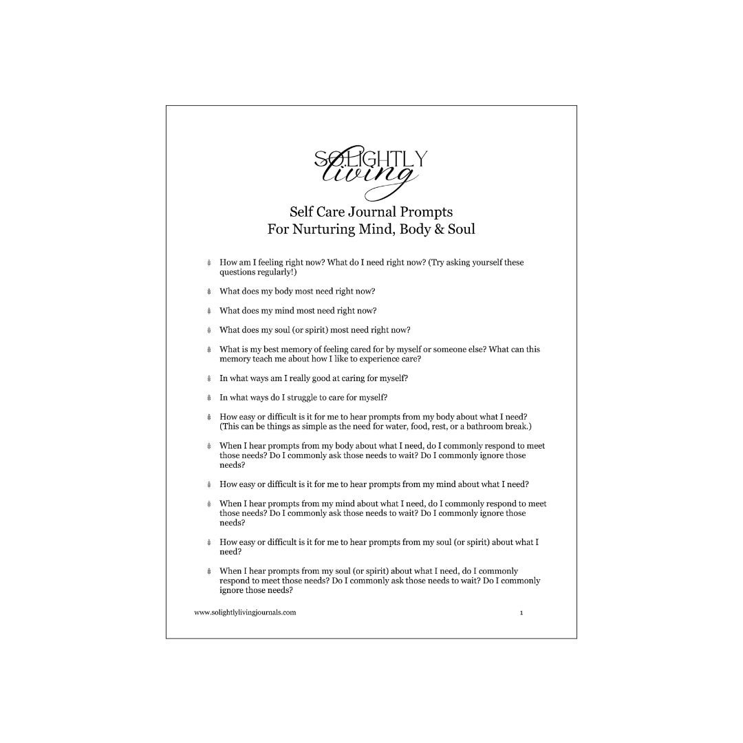 Free printable journal prompts for self care PDF with logo at top and bullet pointed list of self care journal prompts.