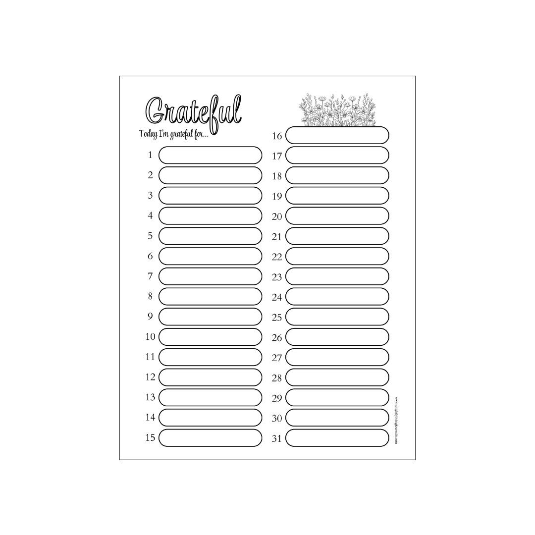 Printable 31 day gratitude bullet journal page with boxes numbered 1-31