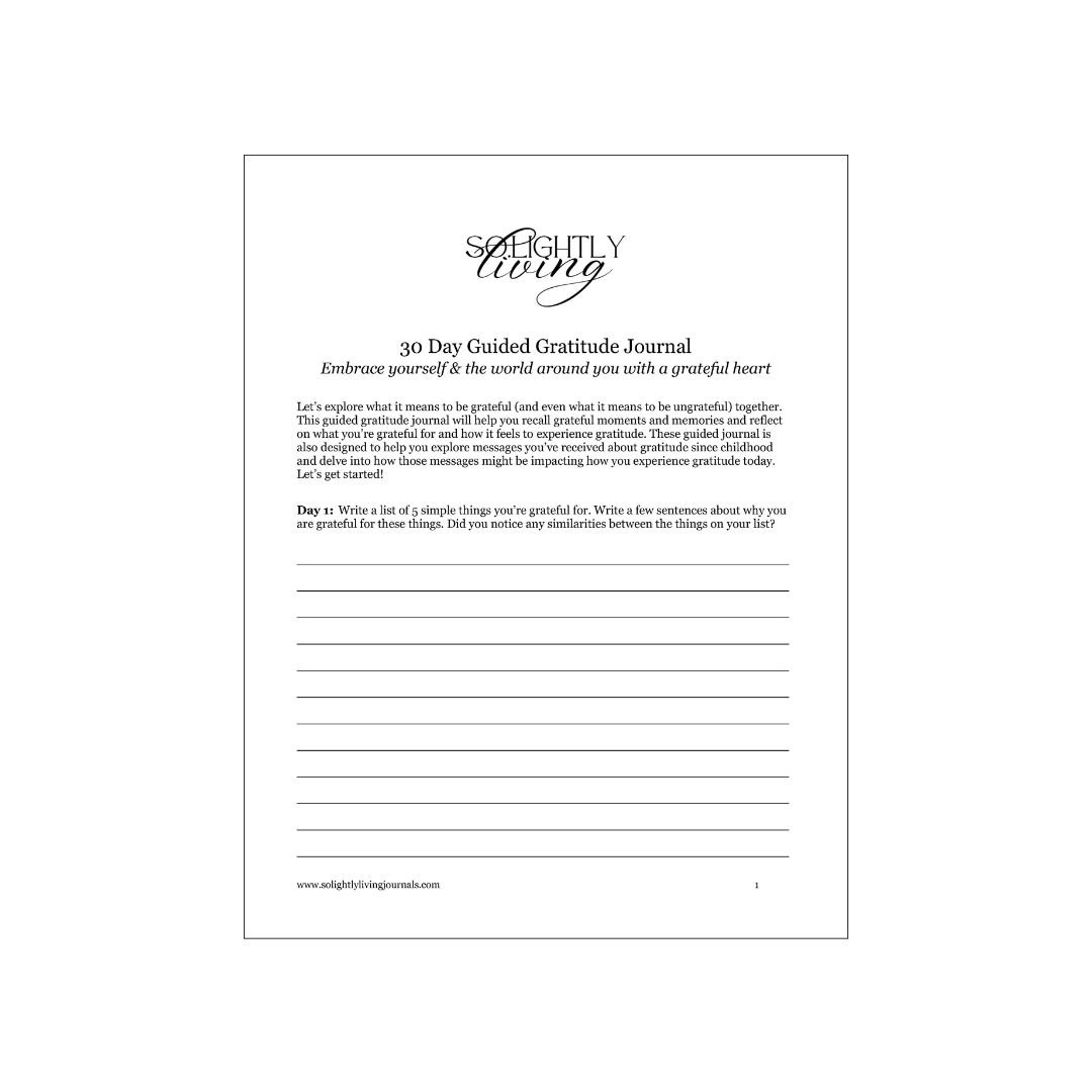 Free Gratitude Journal Prompts PDF printable with gratitude journal prompts and lines for journaling.