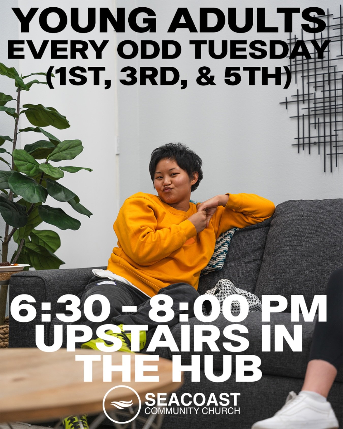 Millenials to Gen Z&mdash; we&rsquo;re coming together every ODD Tuesday, including this week, to fellowship and grow our Young Adult community &amp; you&rsquo;re invited!! 💌

We meet in the Hub, on the second floor at Seacoast Community Church in E