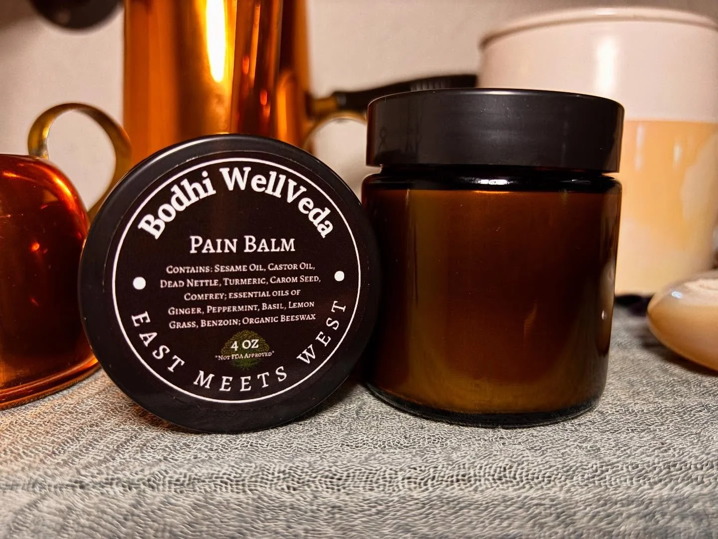 The new &bull;E A S T  M E E T S  W E S T&bull; Pain Balm is here! This unique blend combines the healing properties of western herbs with the healing properties of Ayurvedic herbs used for thousands of years. 

This formula contains a unique blend o