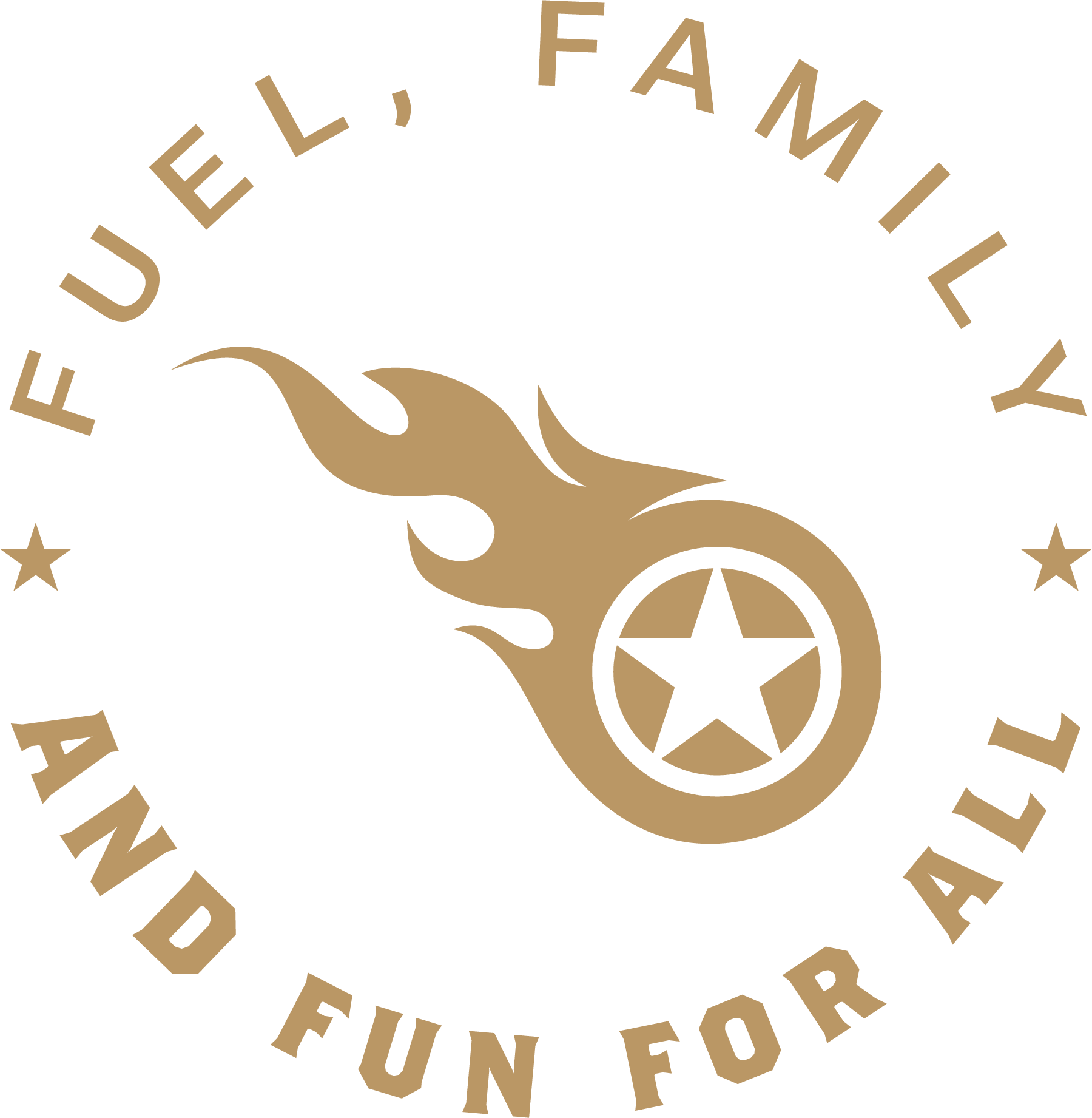Logo with a flaming wheel and star, surrounded by the text 'Fuel, Family and Fun for All' in a circular design.