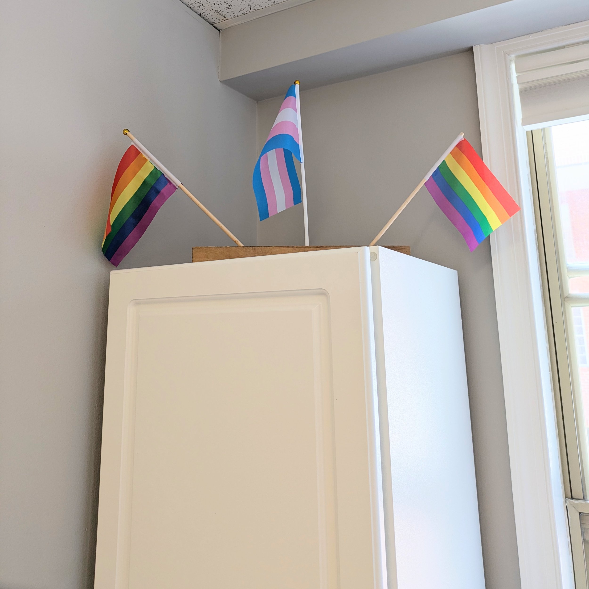 Pride flags overlook our kitchenette