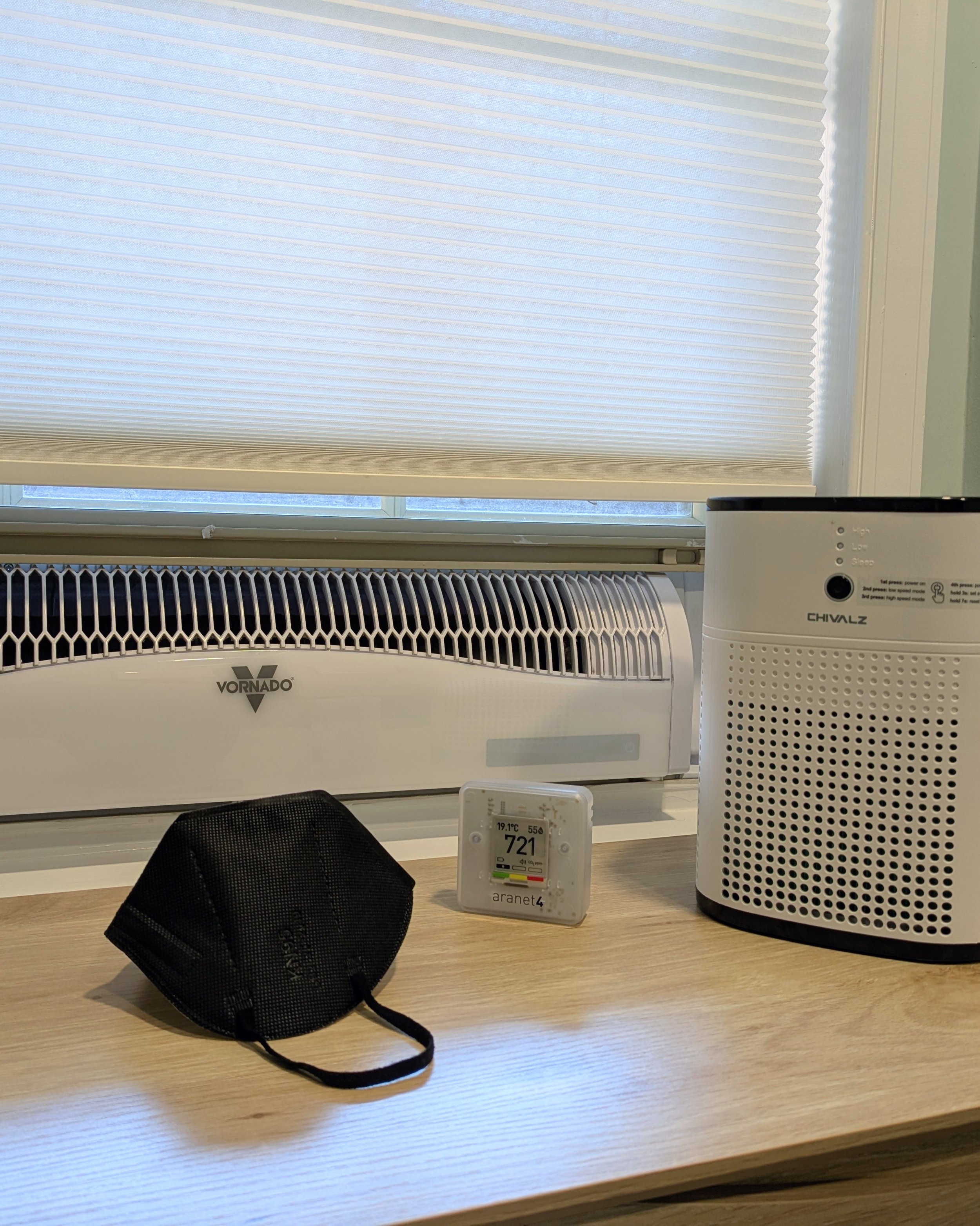Air purifier, CO2 monitor, KN95, and window exhaust fan are displayed together.