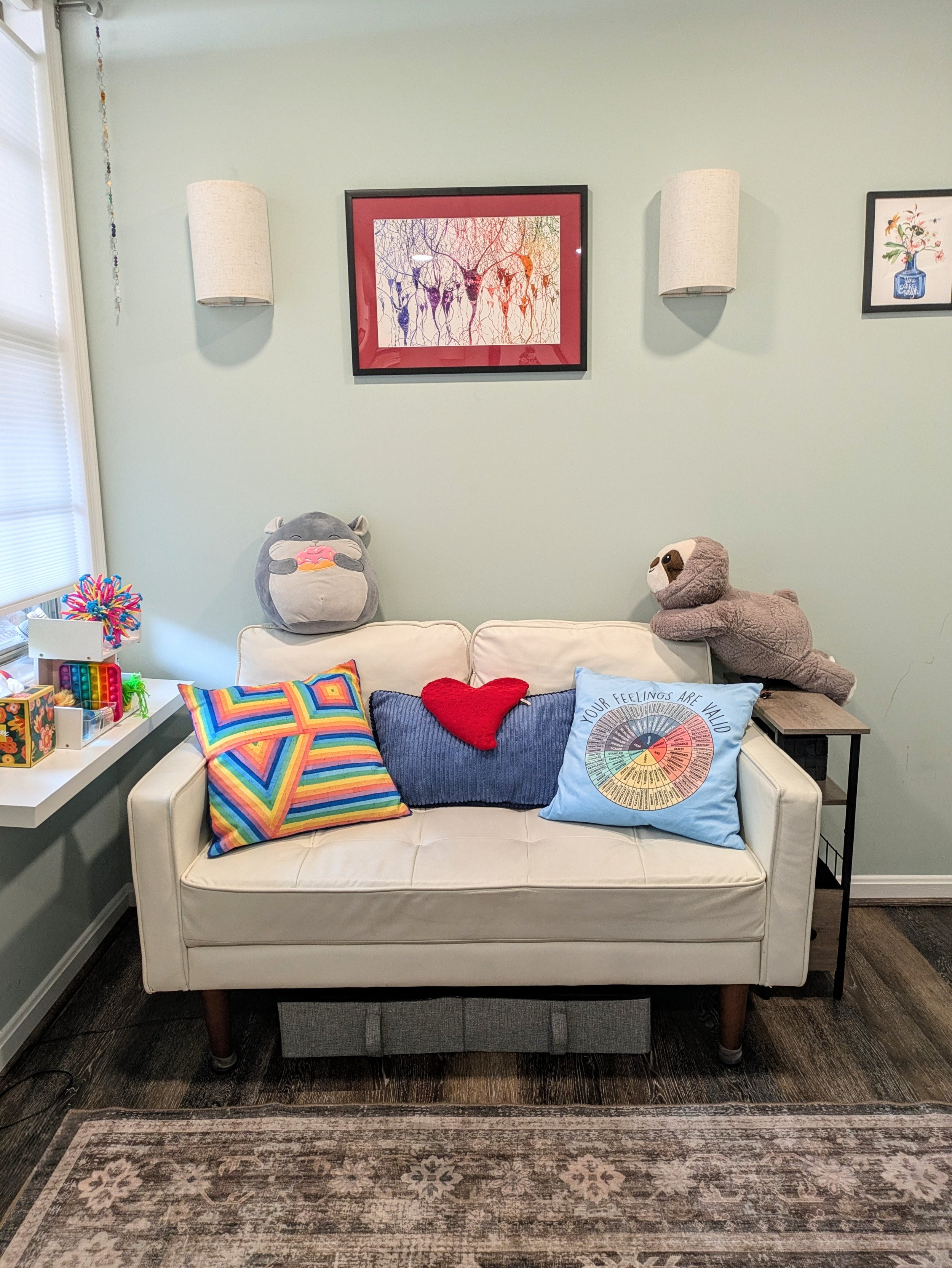 Get comfortable on a high weight capacity couch, with cushions and stuffies in a variety of textures and weights.