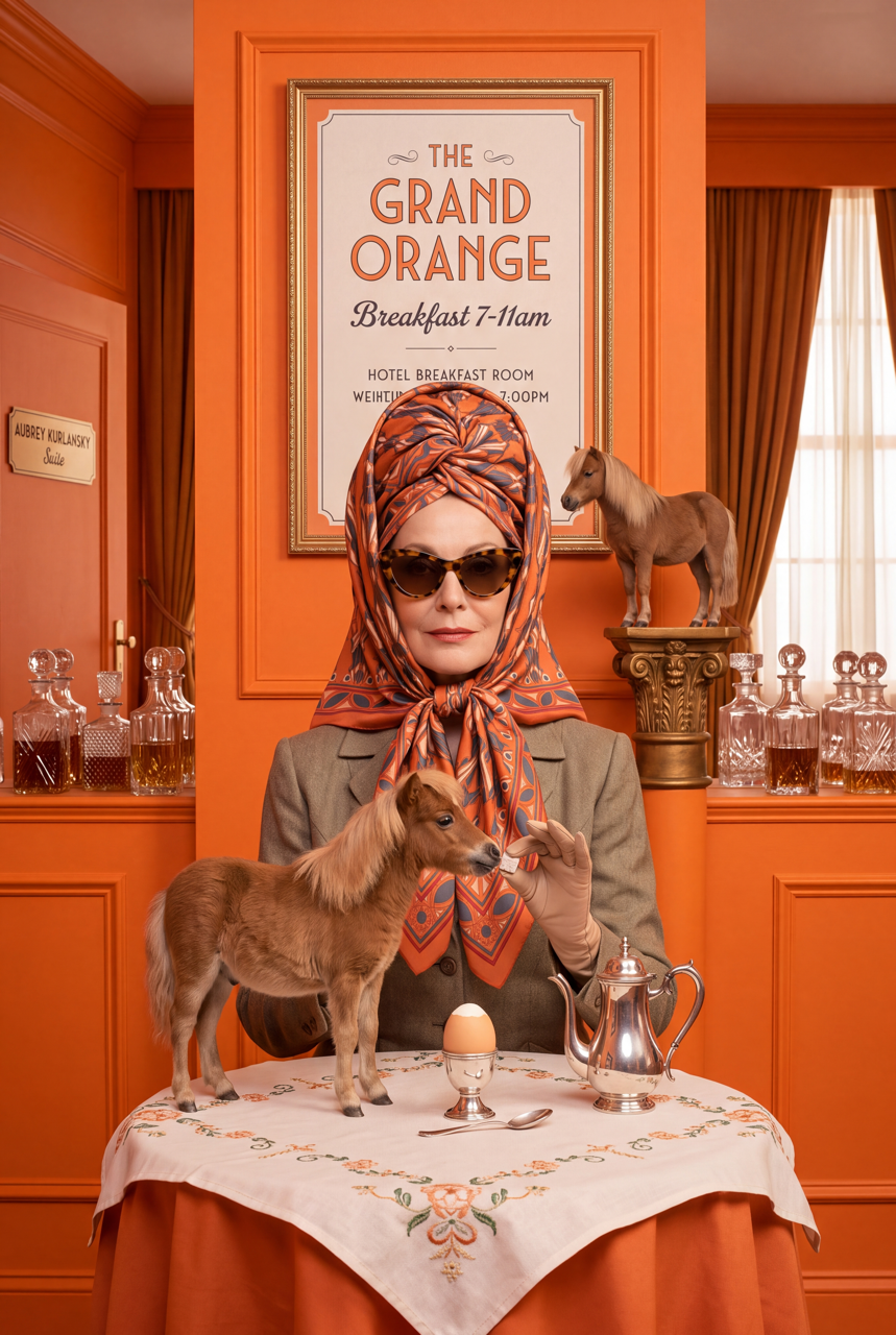 Model wearing an orange patterned silk headwrap and sunglasses at a breakfast table with miniature horses in a richly coloured orange interior.