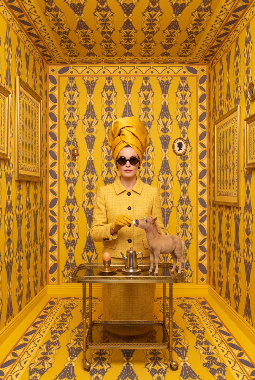Model wearing a yellow patterned silk headwrap and matching coat, standing behind a breakfast trolley with a miniature horse in an ornate yellow room.