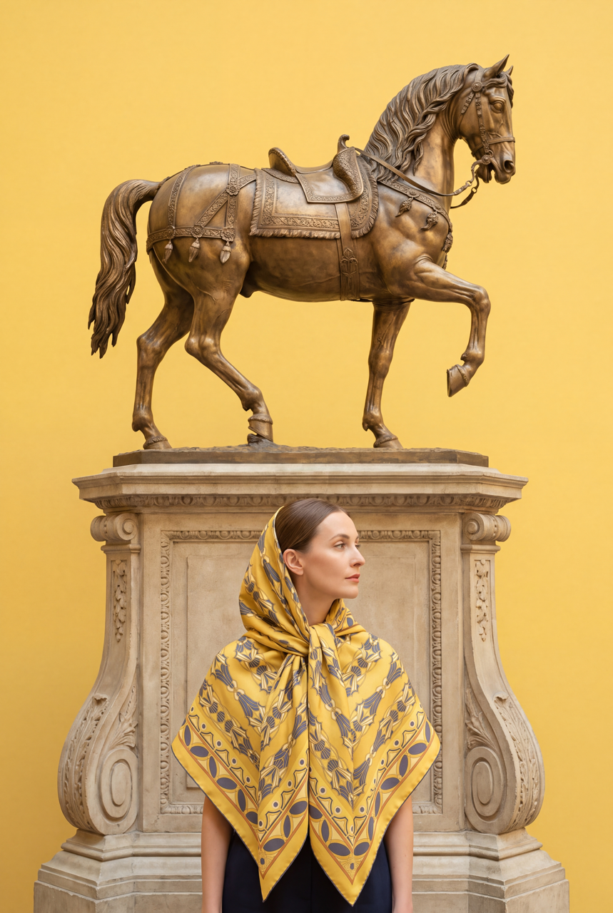 Model wearing a yellow patterned silk scarf draped over her head and shoulders beneath a bronze horse statue against a golden-yellow background.