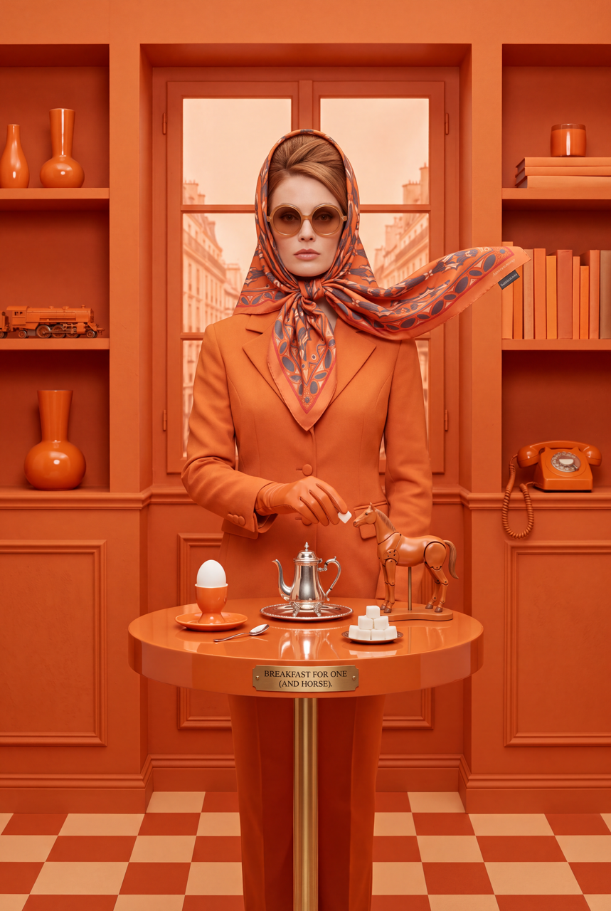 Model in an orange suit and patterned silk headscarf at a breakfast table in a vibrant orange interior.