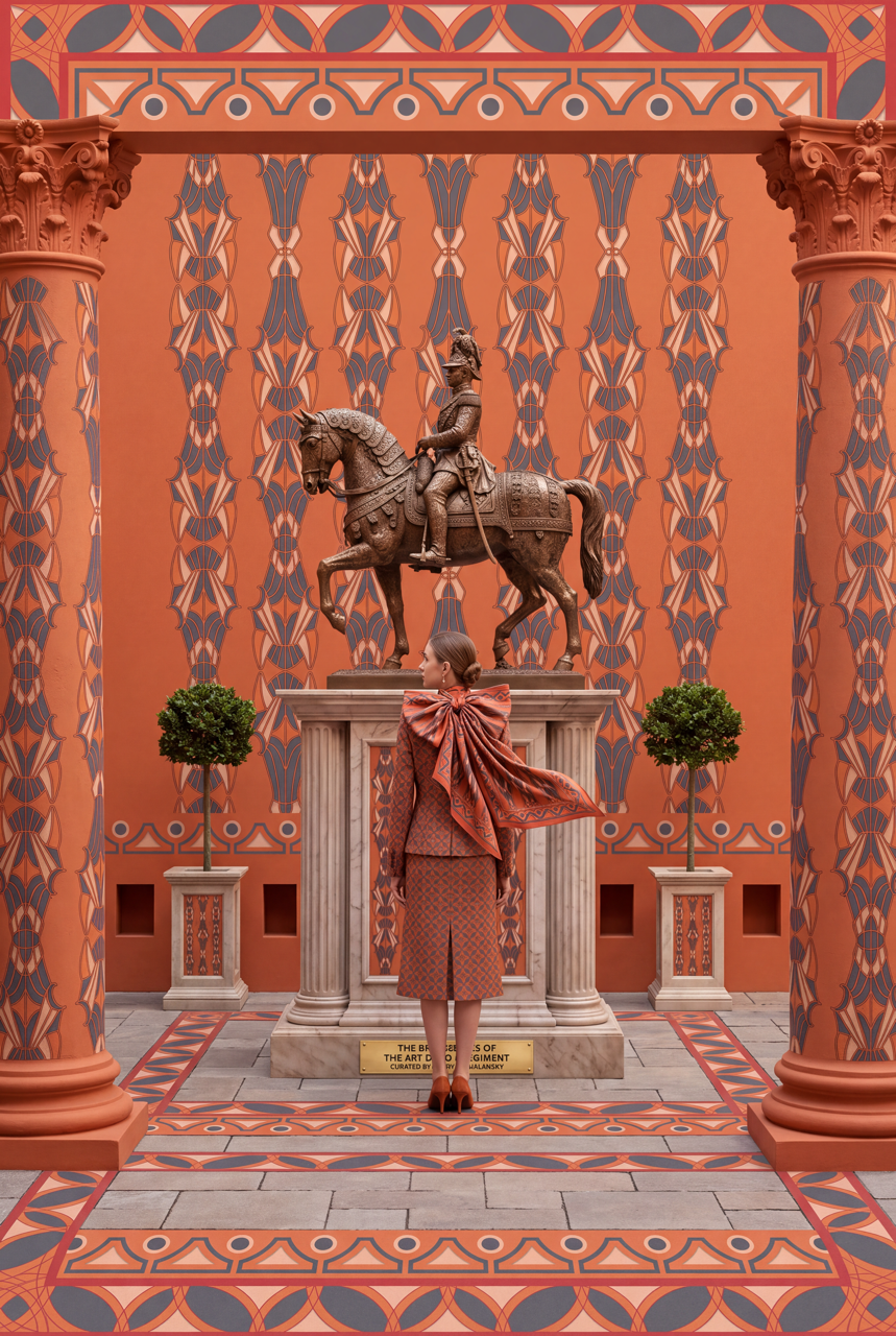 Rear view of a model wearing an oversized orange patterned silk scarf bow beneath an equestrian statue in an ornate orange courtyard.