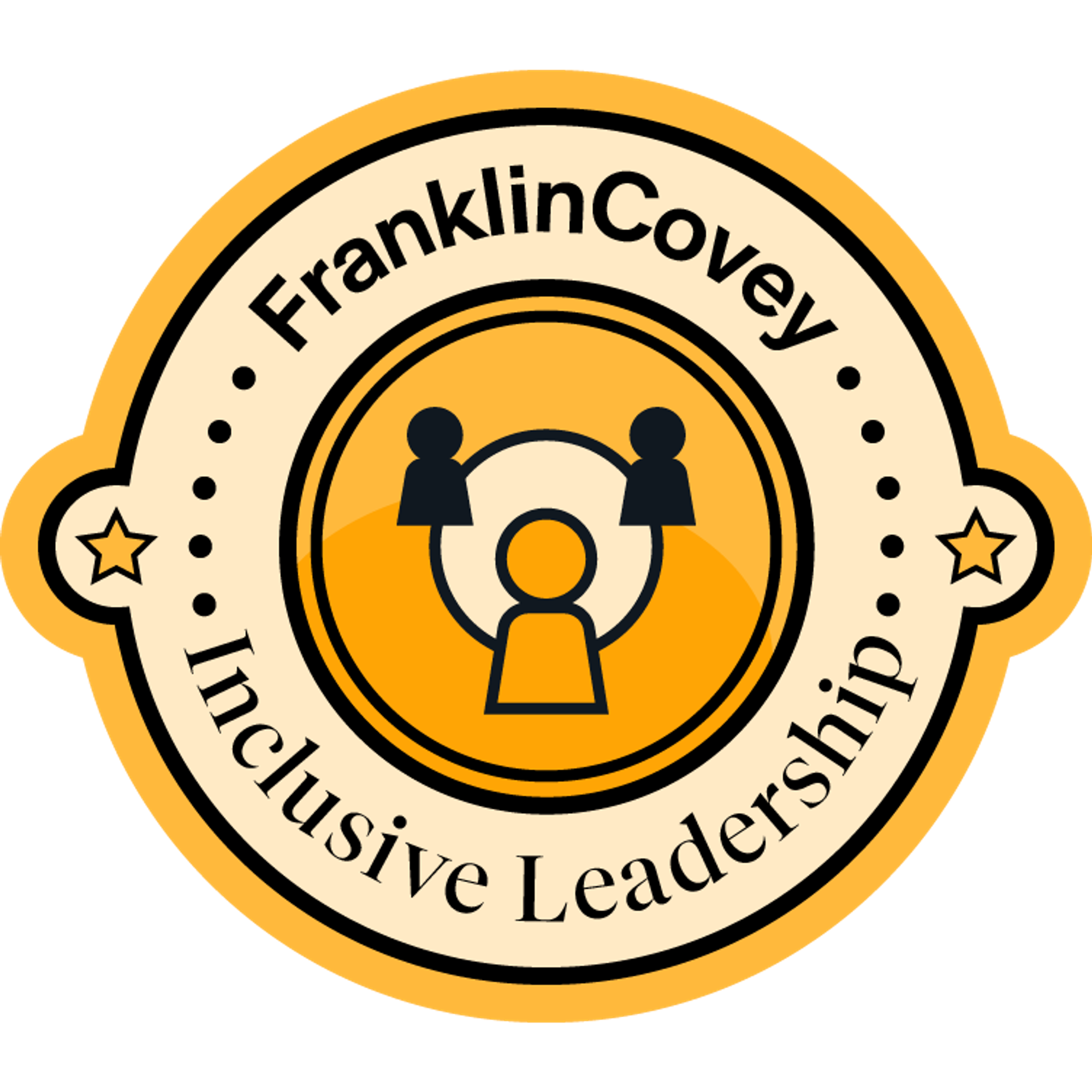 Medal with the text 'FranklinCovey Inclusive Leadership' and an icon of three stylized people connected in a circle.