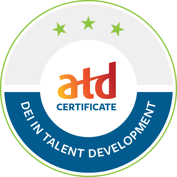 ATD certification badge with green stars and a blue banner that says 'DEI TALENT DEVELOPMENT'.