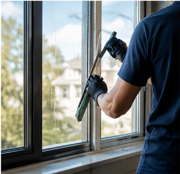 Person cleaning or scrubbing a window with a long-handled squeegee or brush.