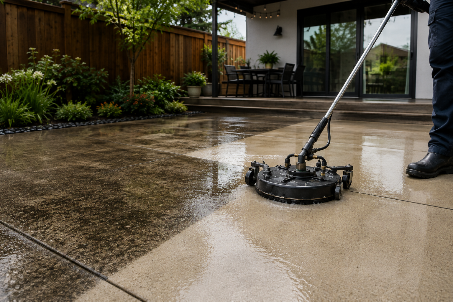 Person using a floor scrubber machine to clean a wet concrete patio outside a house with sliding glass doors and outdoor furniture.