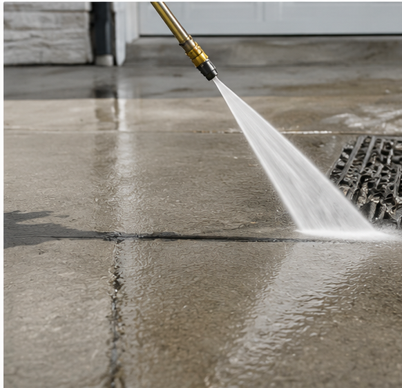 A pressure washer rinsing a concrete driveway near a drain grate.