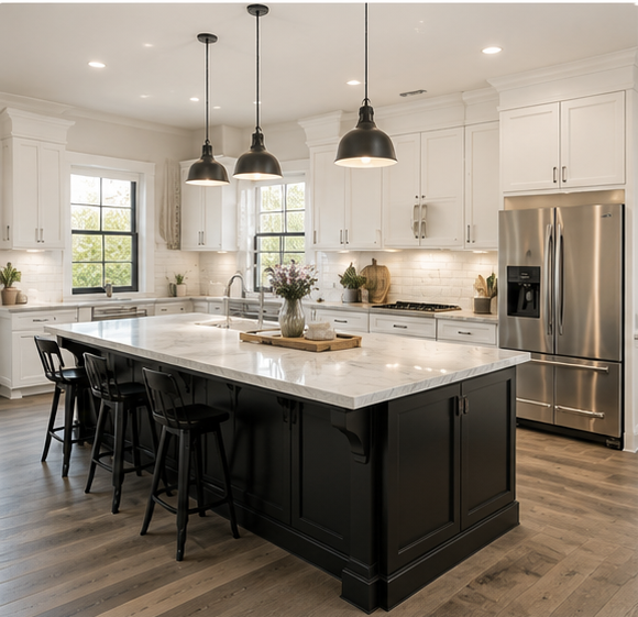 Modern kitchen with white cabinets, a large black island with a white marble top, black stools, pendant lighting, stainless steel refrigerator, and natural light from windows.