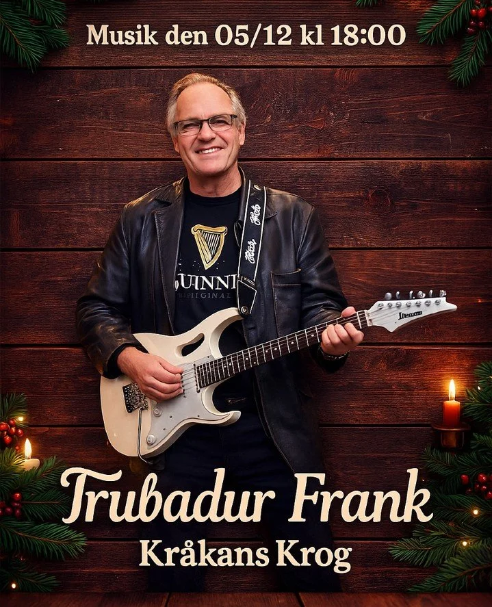 🎸✨ Musikkv&auml;ll p&aring; Kr&aring;kans Krog! ✨🎸
Fredag den 05/12 bjuder vi in till en st&auml;mningsfull kv&auml;ll med Trubadur Frank, som spelar v&auml;lk&auml;nda l&aring;tar som passar alla &ndash; fr&aring;n dansbandsmusik till popul&auml;r