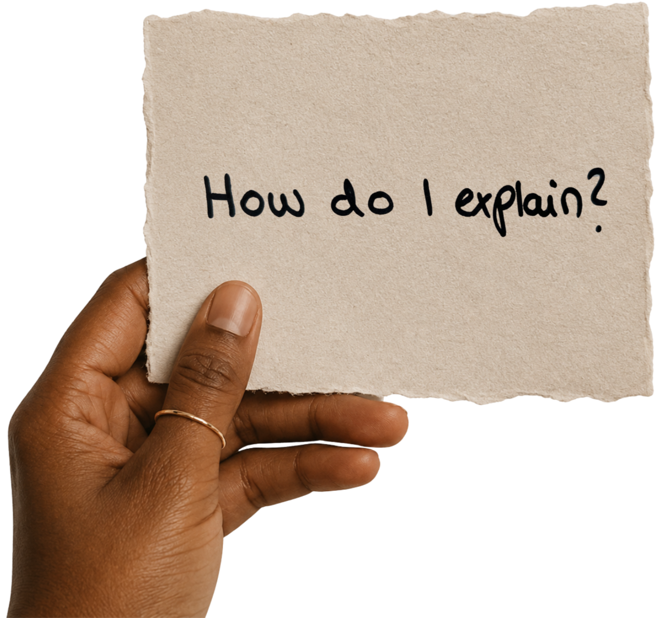 Hand holding a torn piece of paper with the question, "How do I explain?" written on it in black marker.