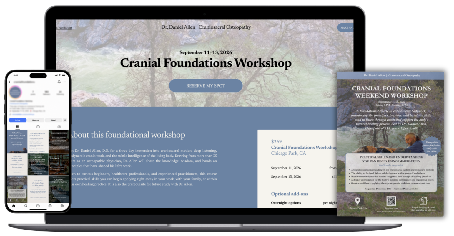 A website screen on a laptop and two mobile screens showing information about a cranial foundations workshop scheduled for September 11-13, 2026, in Chicago Park, CA, hosted by Dr. Daniel Allen. The screens include details about the workshop, registration options, and promotional images.