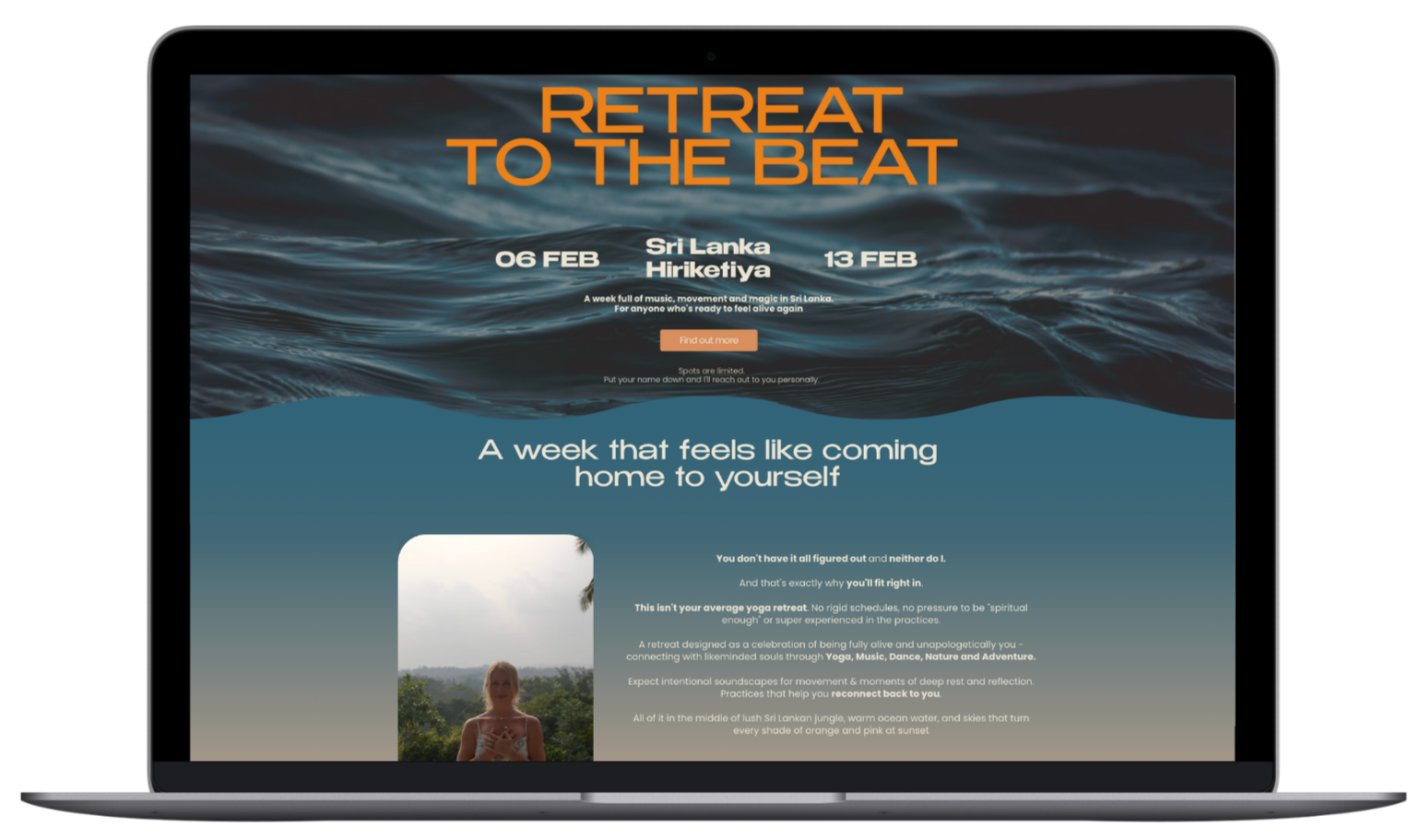 A poster or website featuring an event called 'Retreat to the Beat' in Sri Lanka from February 6 to February 13, promoting a week of music, movement, and magic with a scenic background of water waves and a photograph of a woman in a tropical setting.