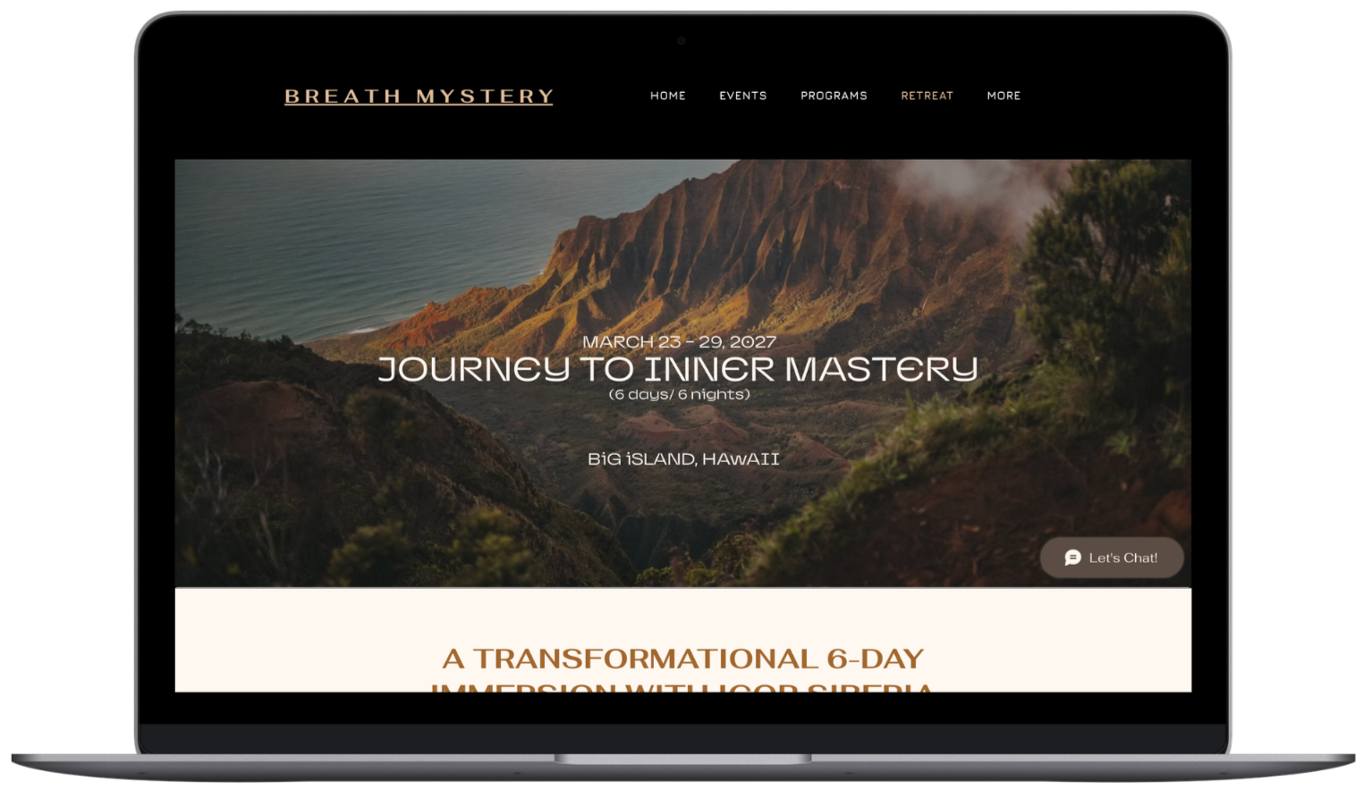 Website homepage for Breath Mystery promoting a 6-day retreat on Big Island, Hawaii, from March 23 to 29, 2027, featuring a background image of mountain and ocean landscape.