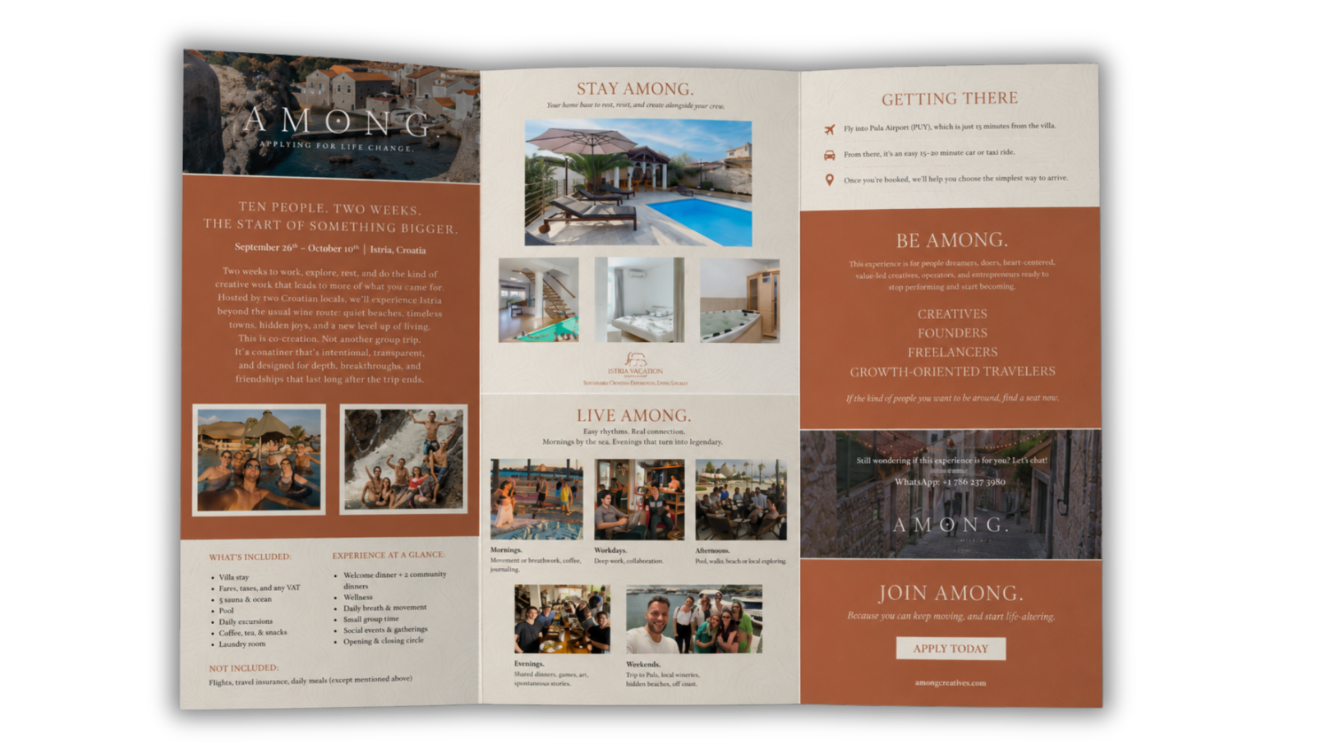A trifold brochure promoting a vacation experience in Istria, Croatia. The brochure includes images of a pool, people enjoying the vacation, and scenic views. It details activities, logistics for getting there, and invitation to join.
