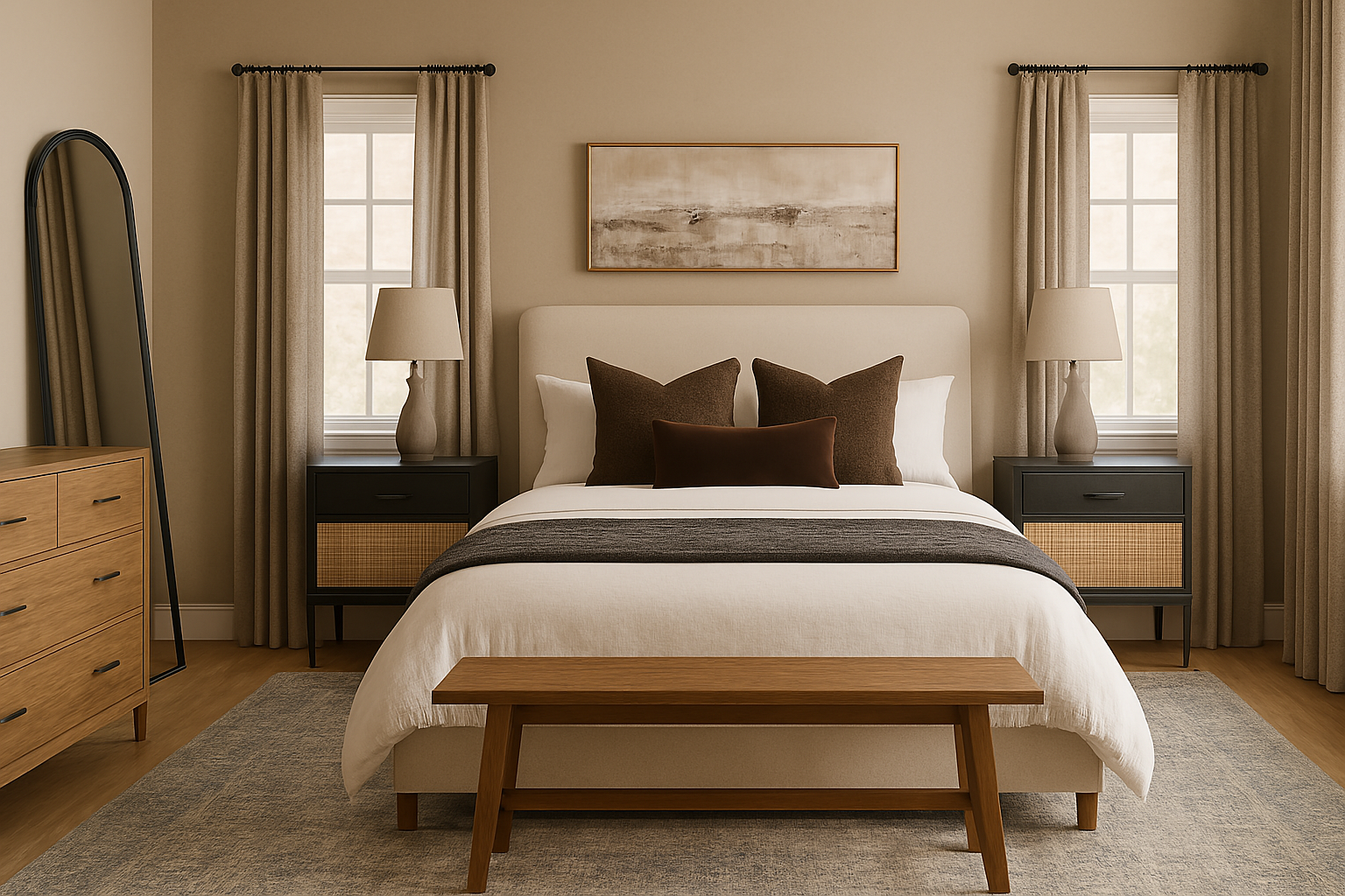 E-design rendering with color palette, furniture selections, and decor ideas for an organic modern bedroom design..