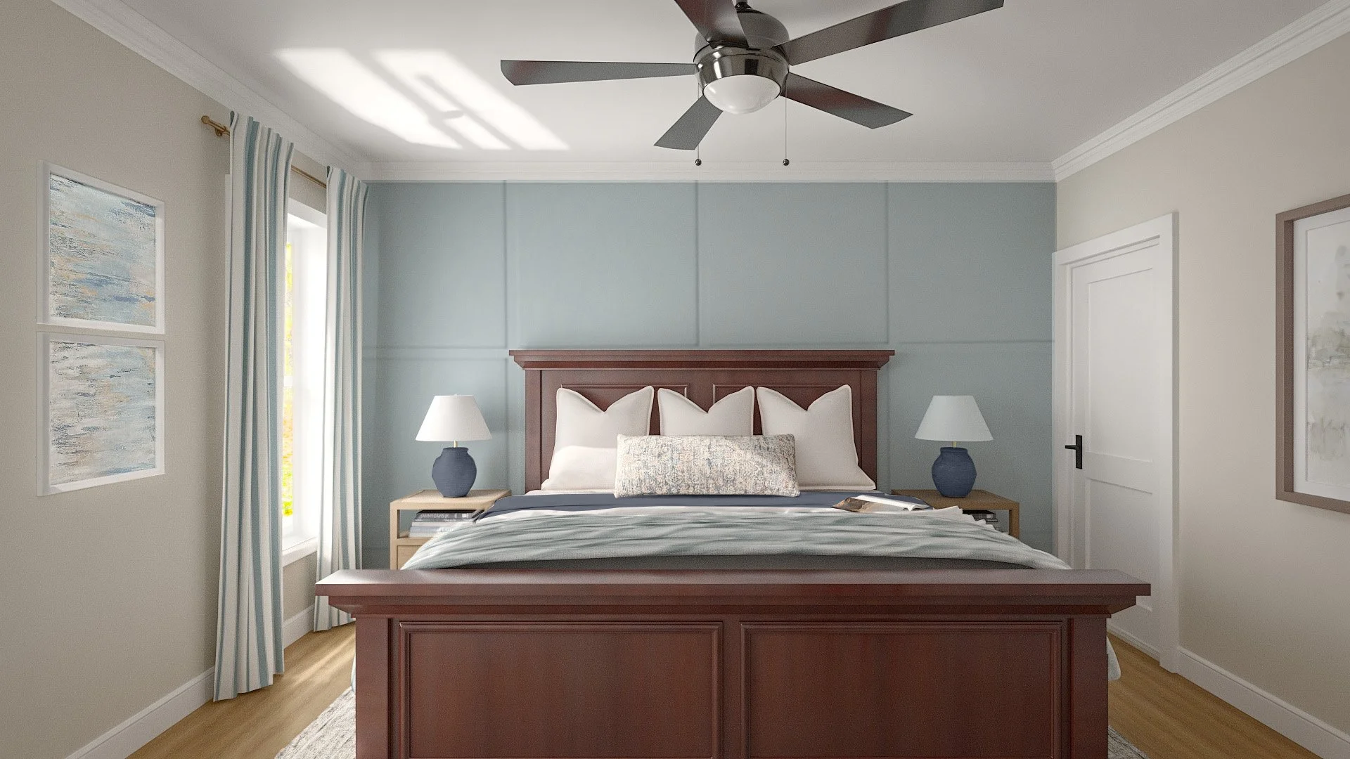 Tranquil blue bedroom design.