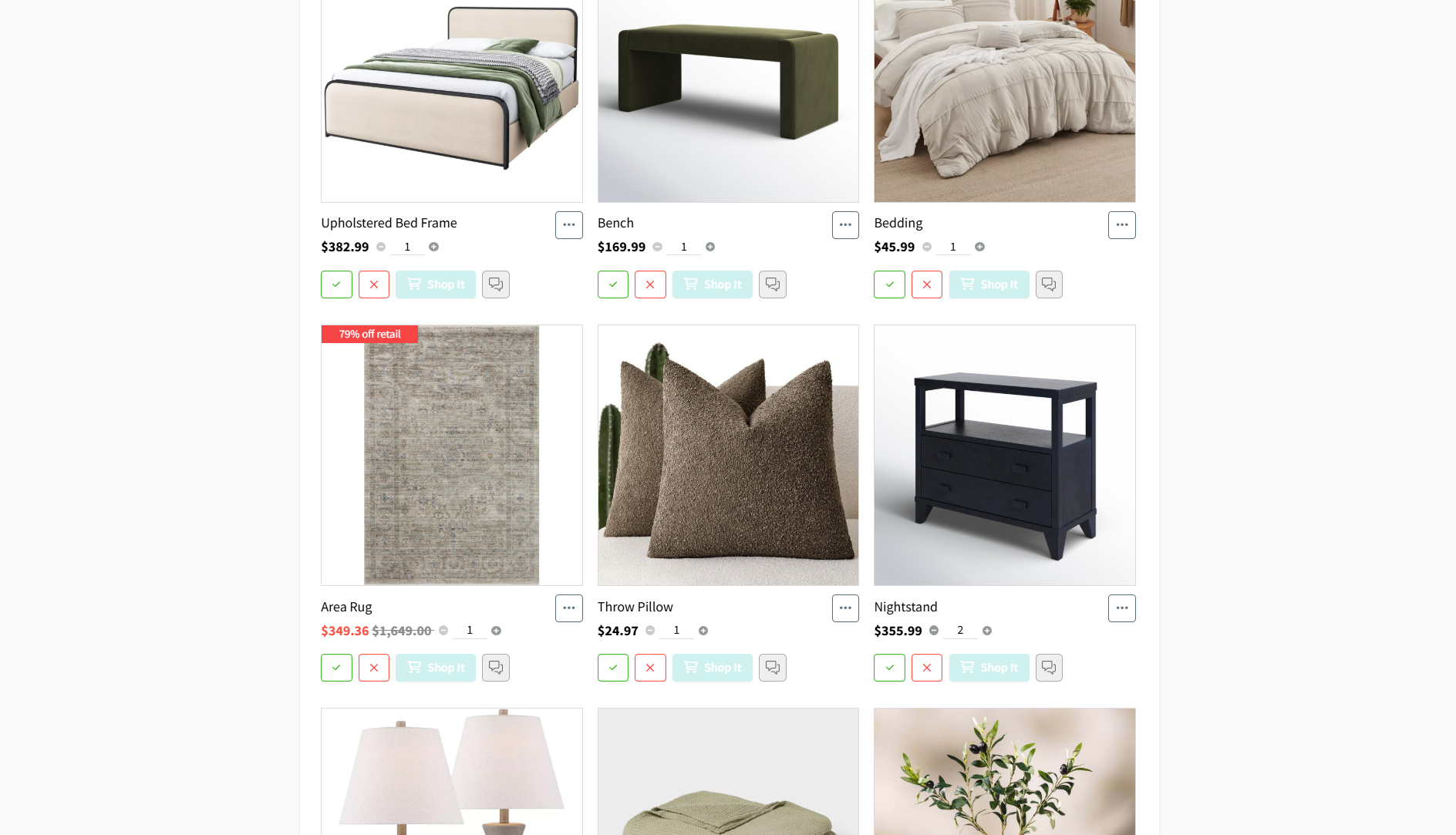 We send an itemized shopping list of all items in a room design.