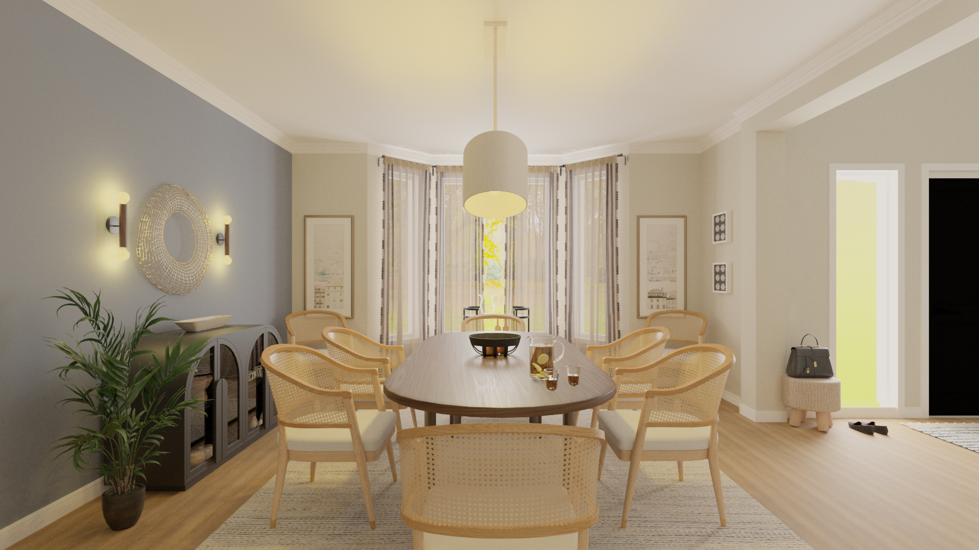Transitional dining room design rendering.