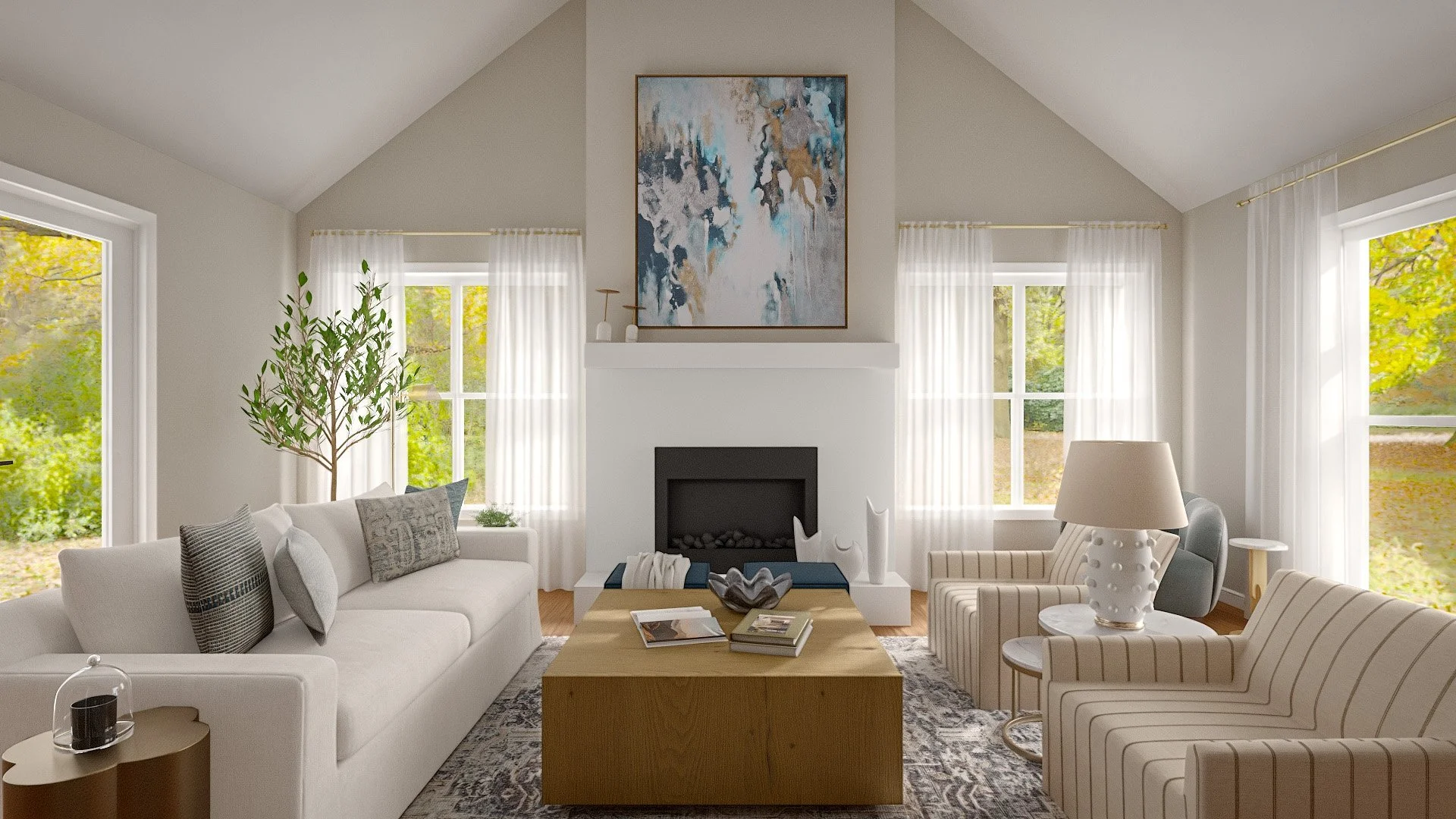 Open great room design with transitional styling.